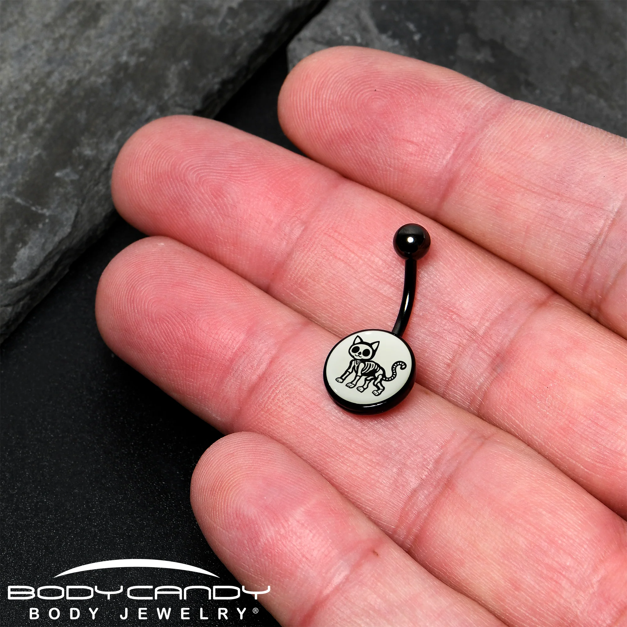 Black Anodized Glow in the Dark Skeleton Kitty Cat Belly Ring by Onyx O - Image 3