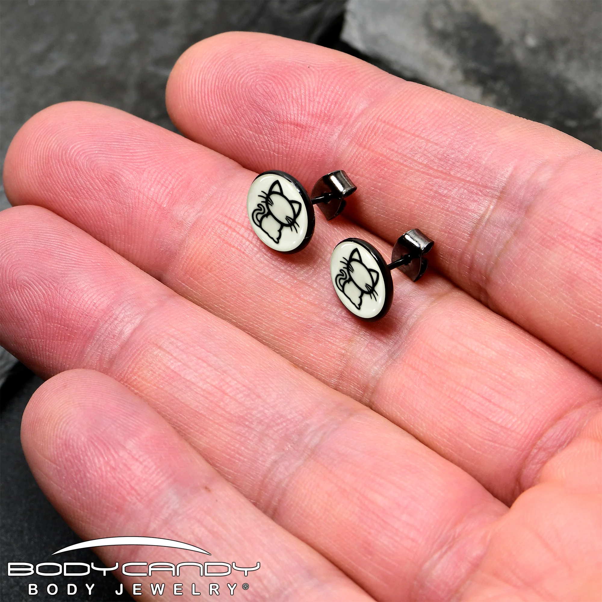Black Anodized Kitty Cat Glow in the Dark Stud Earrings by Onyx O - Image 2