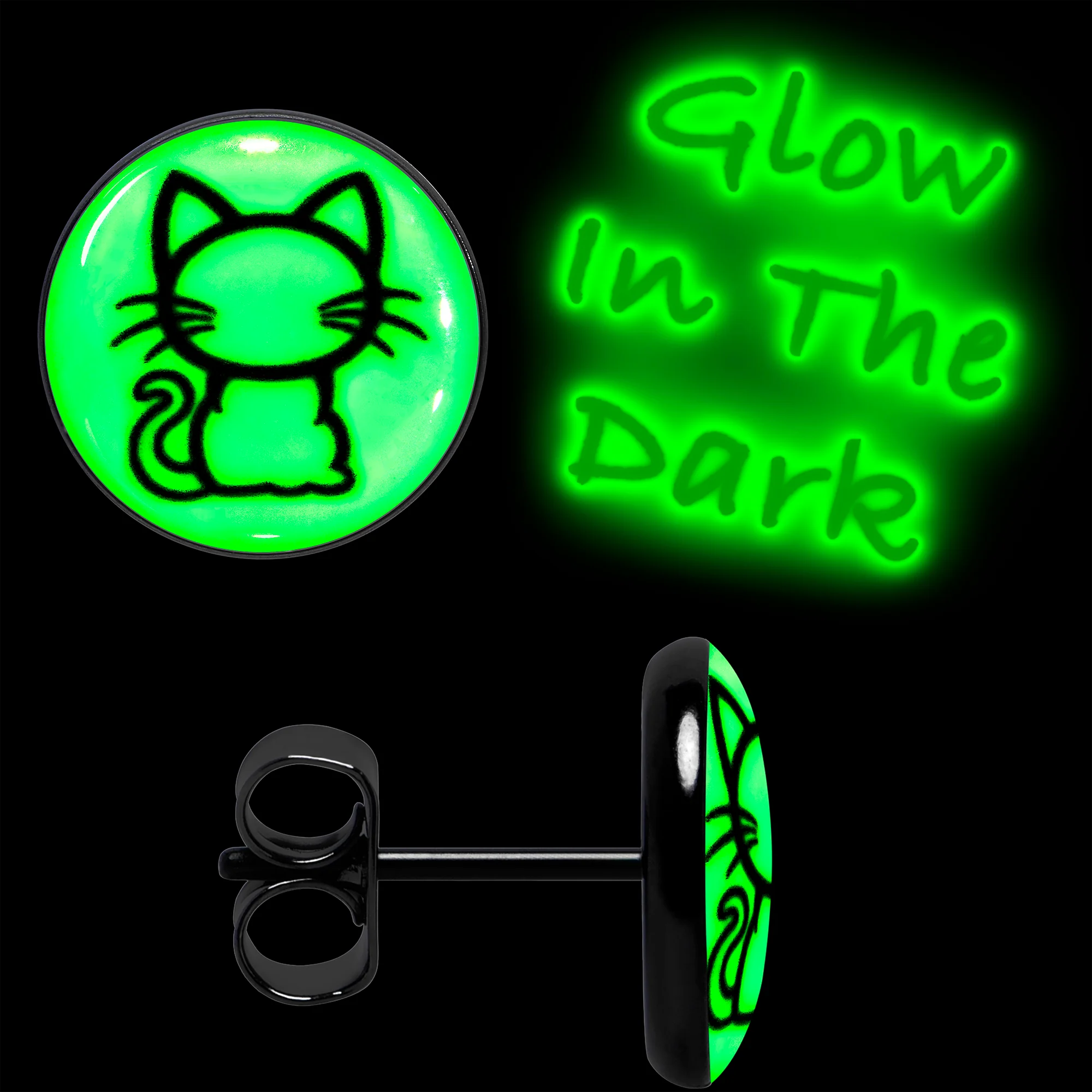 Black Anodized Kitty Cat Glow in the Dark Stud Earrings by Onyx O - Image 3