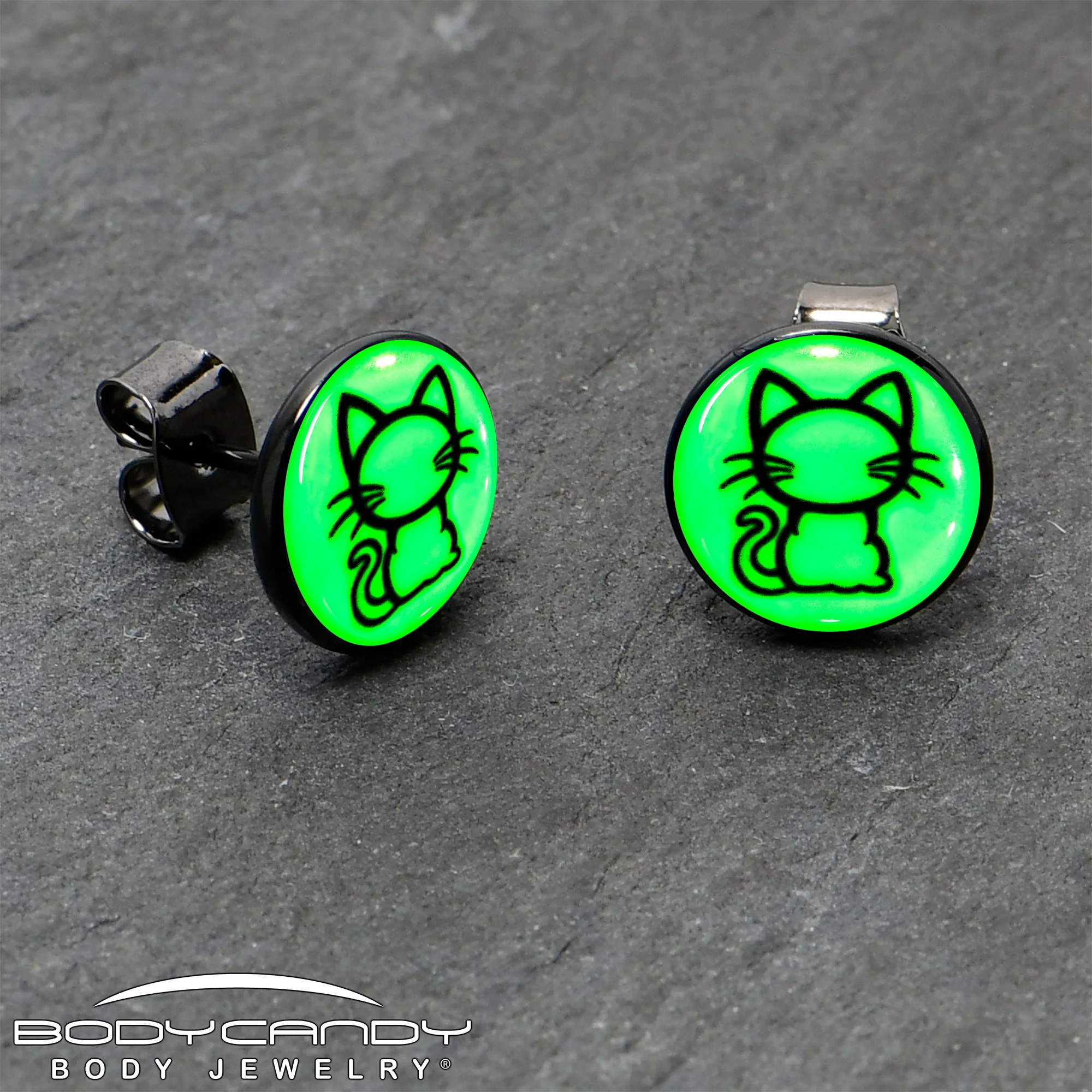 Black Anodized Kitty Cat Glow in the Dark Stud Earrings by Onyx O - Image 4