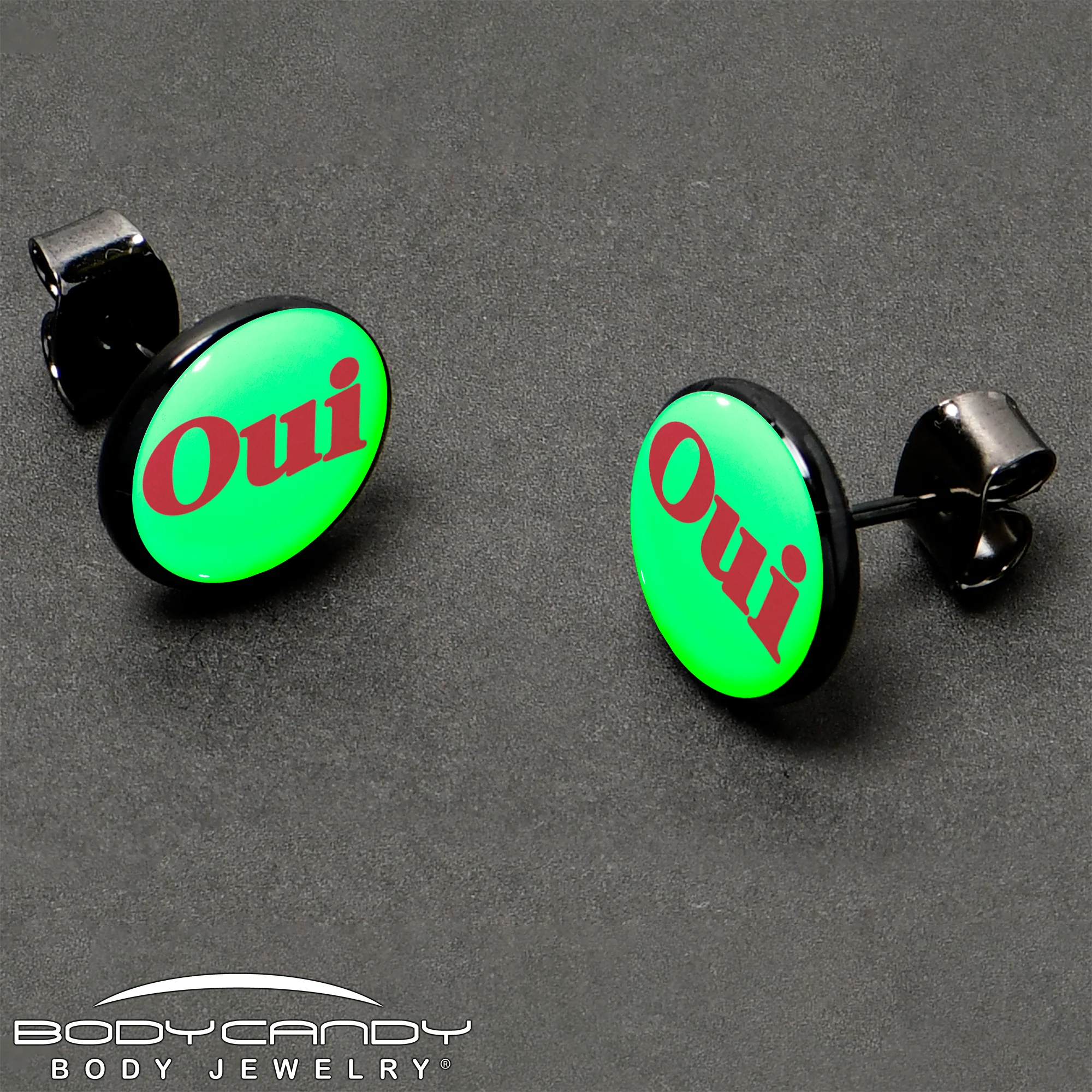 Black Anodized OUI Glow in the Dark Stud Earrings by Onyx O - Image 8