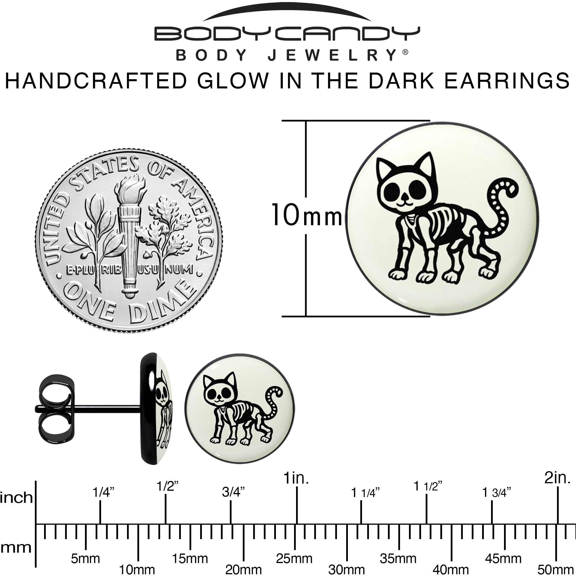 Black Anodized Skeleton Kitty Cat Glow in the Dark Stud Earrings by Onyx O - Image 6
