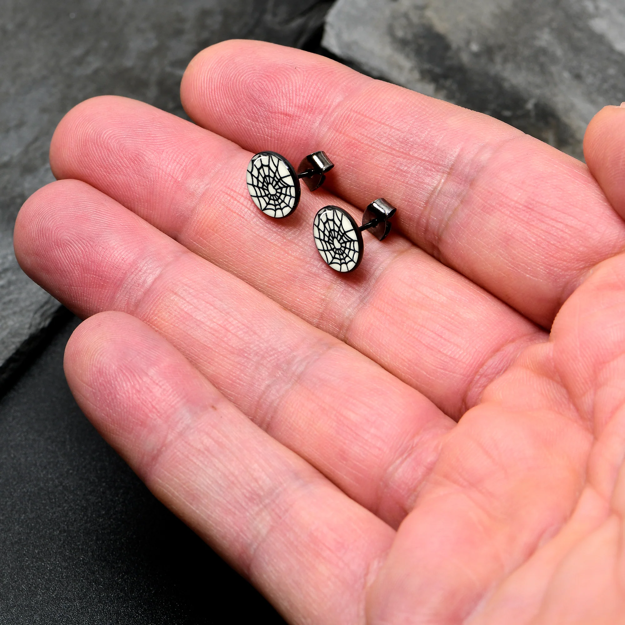 Black Anodized Steel Heart Spider Web Glow in the Dark Stud Earrings by Onyx O - Image 3