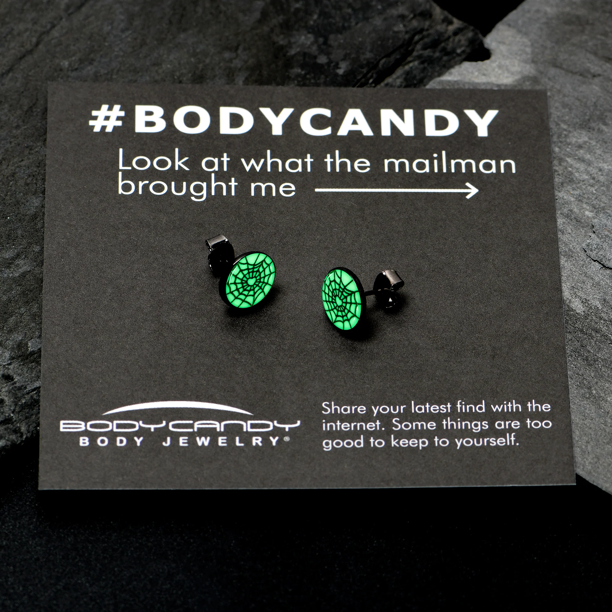 Black Anodized Steel Heart Spider Web Glow in the Dark Stud Earrings by Onyx O - Image 4