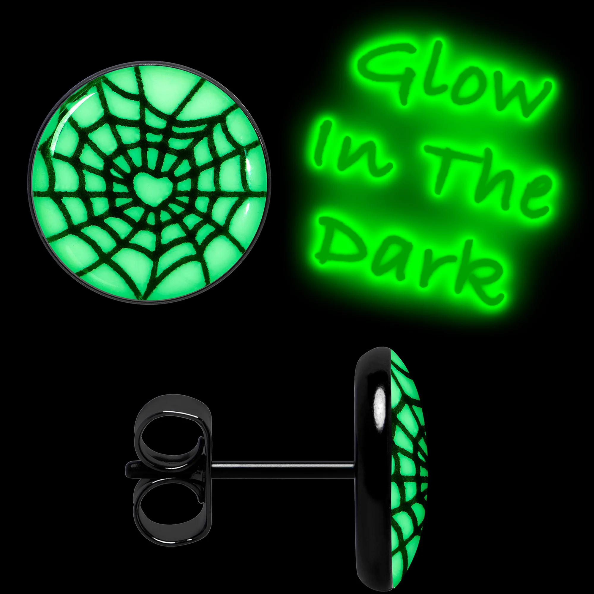 Black Anodized Steel Heart Spider Web Glow in the Dark Stud Earrings by Onyx O - Image 5