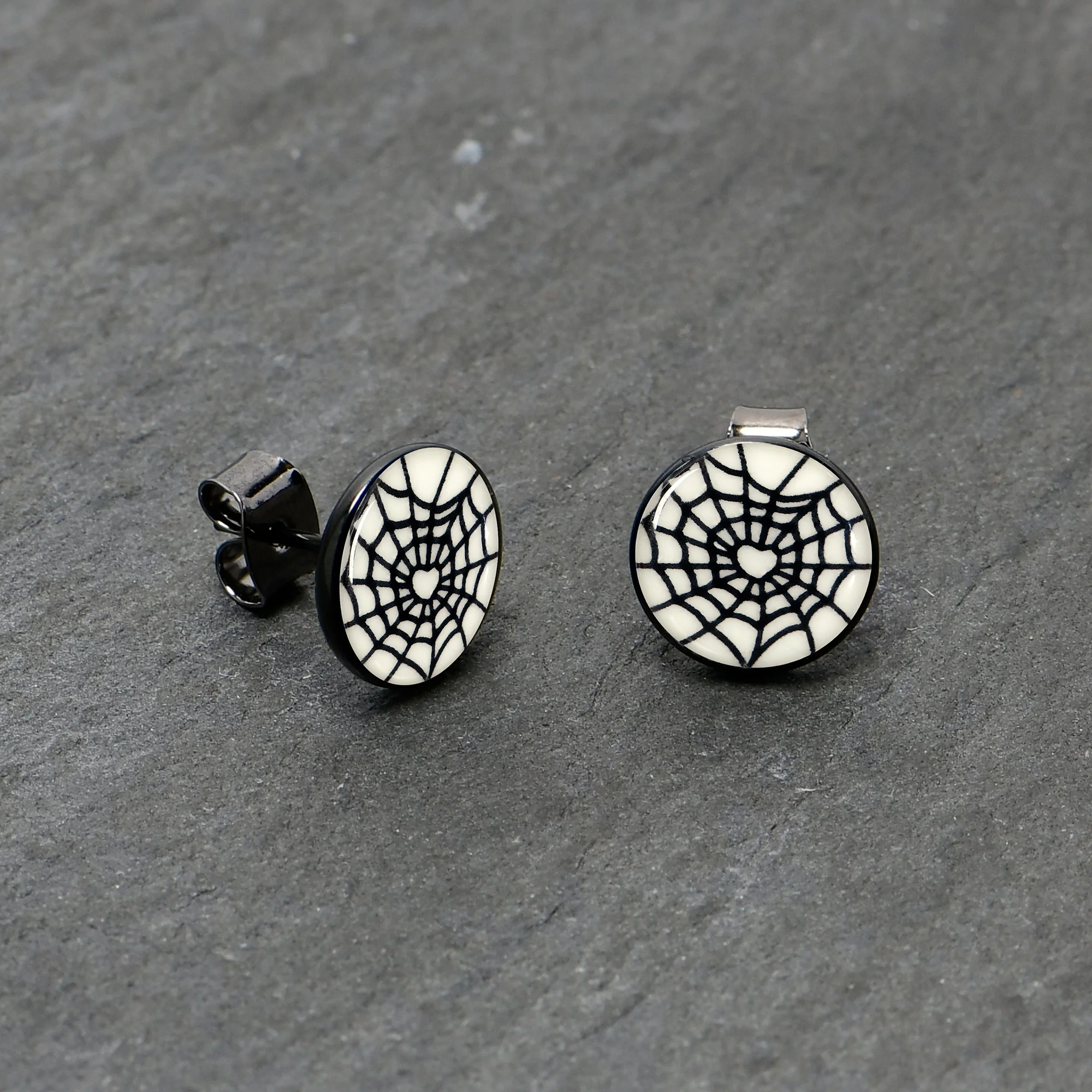 Black Anodized Steel Heart Spider Web Glow in the Dark Stud Earrings by Onyx O - Image 6
