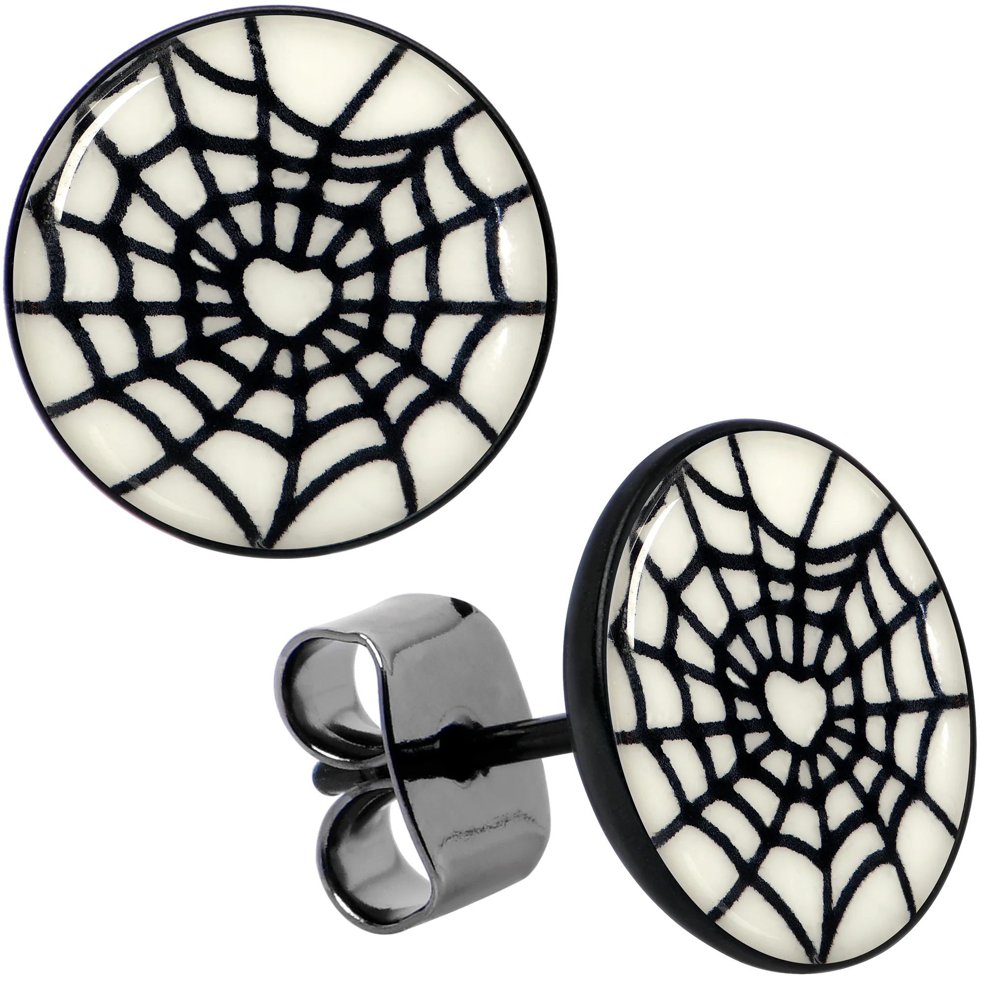 Black Anodized Steel Heart Spider Web Glow in the Dark Stud Earrings by Onyx O - Image 9