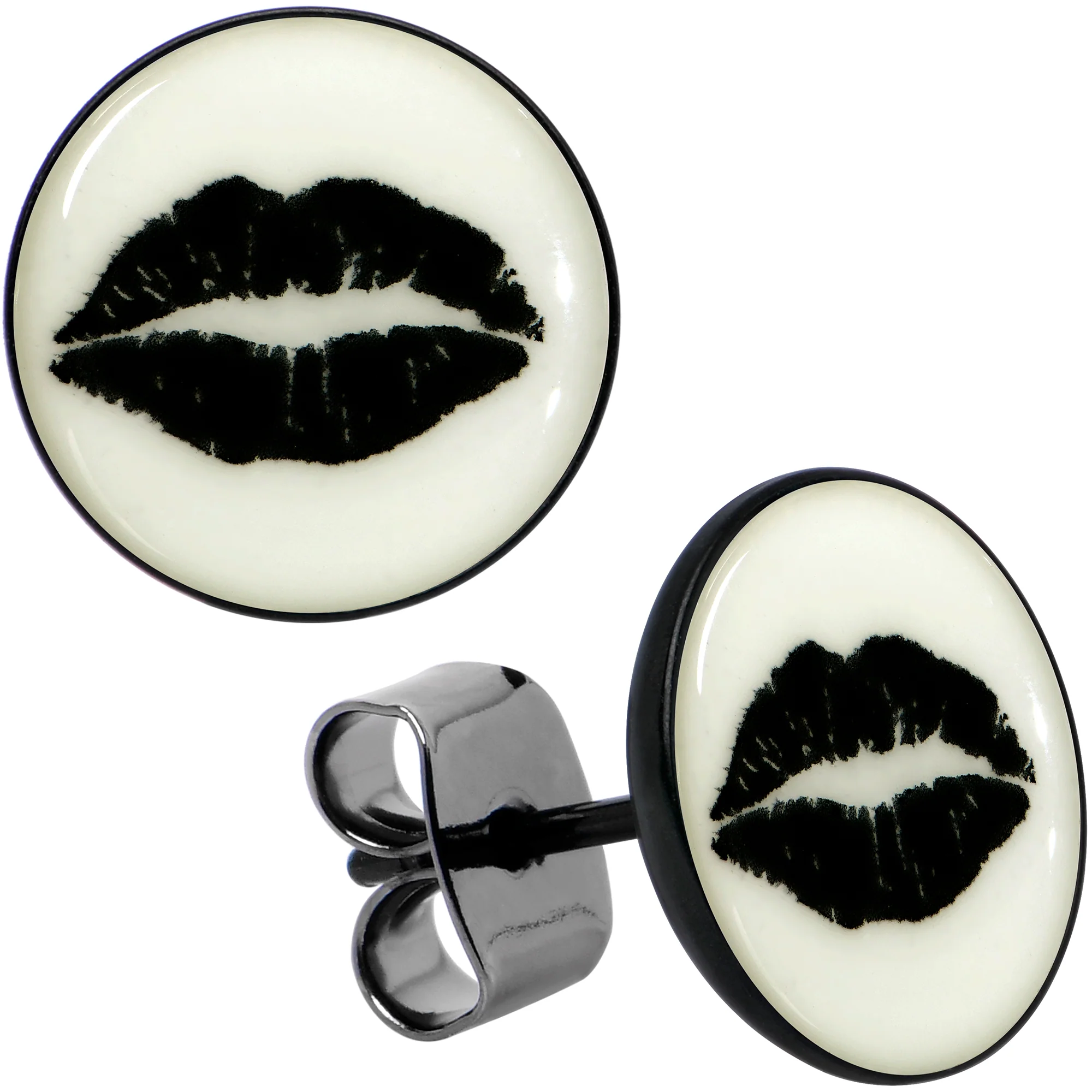 Black Anodized Steel Lipstick Kiss Mark Glow in the Dark Stud Earrings by Onyx O - Image 4