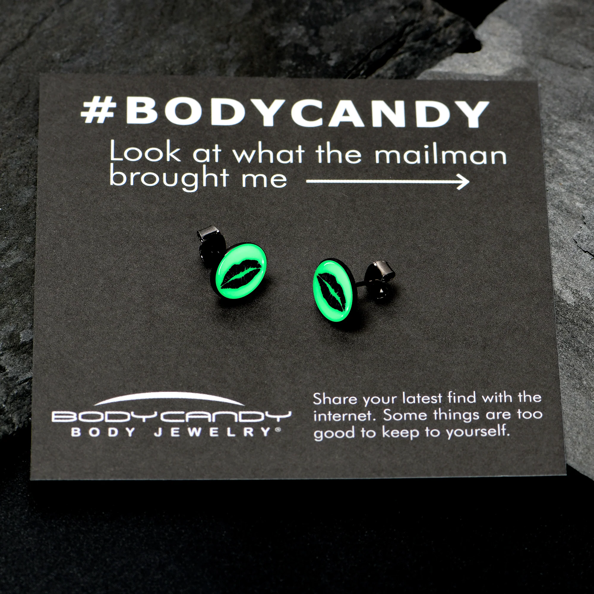 Black Anodized Steel Lipstick Kiss Mark Glow in the Dark Stud Earrings by Onyx O - Image 5