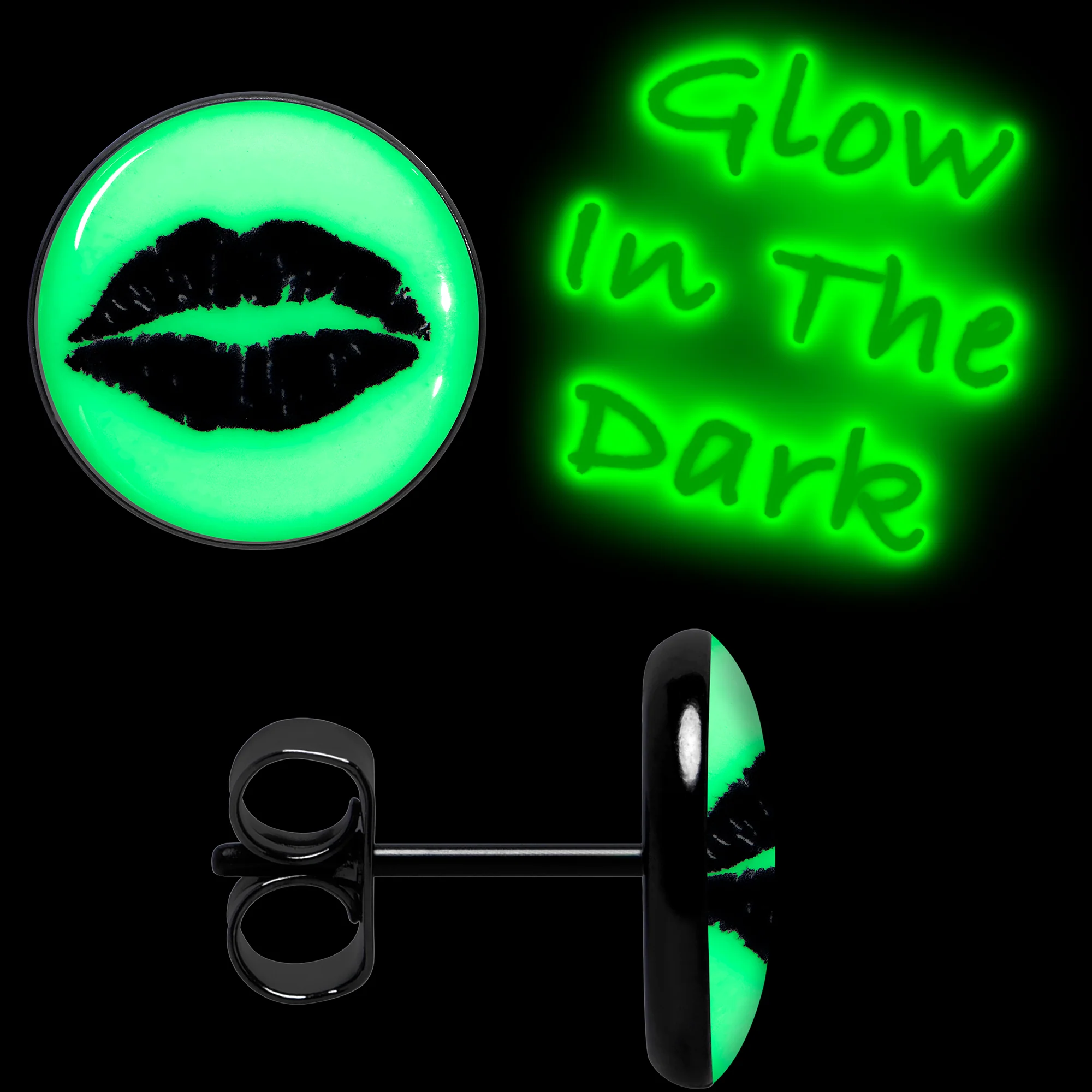 Black Anodized Steel Lipstick Kiss Mark Glow in the Dark Stud Earrings by Onyx O - Image 6