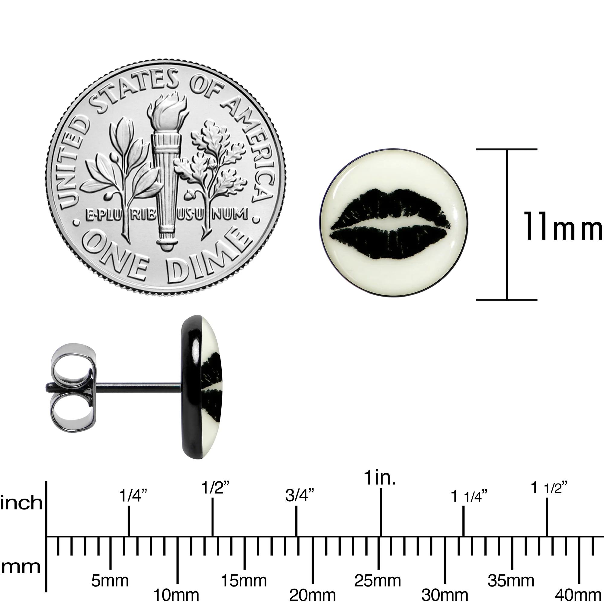 Black Anodized Steel Lipstick Kiss Mark Glow in the Dark Stud Earrings by Onyx O - Image 9