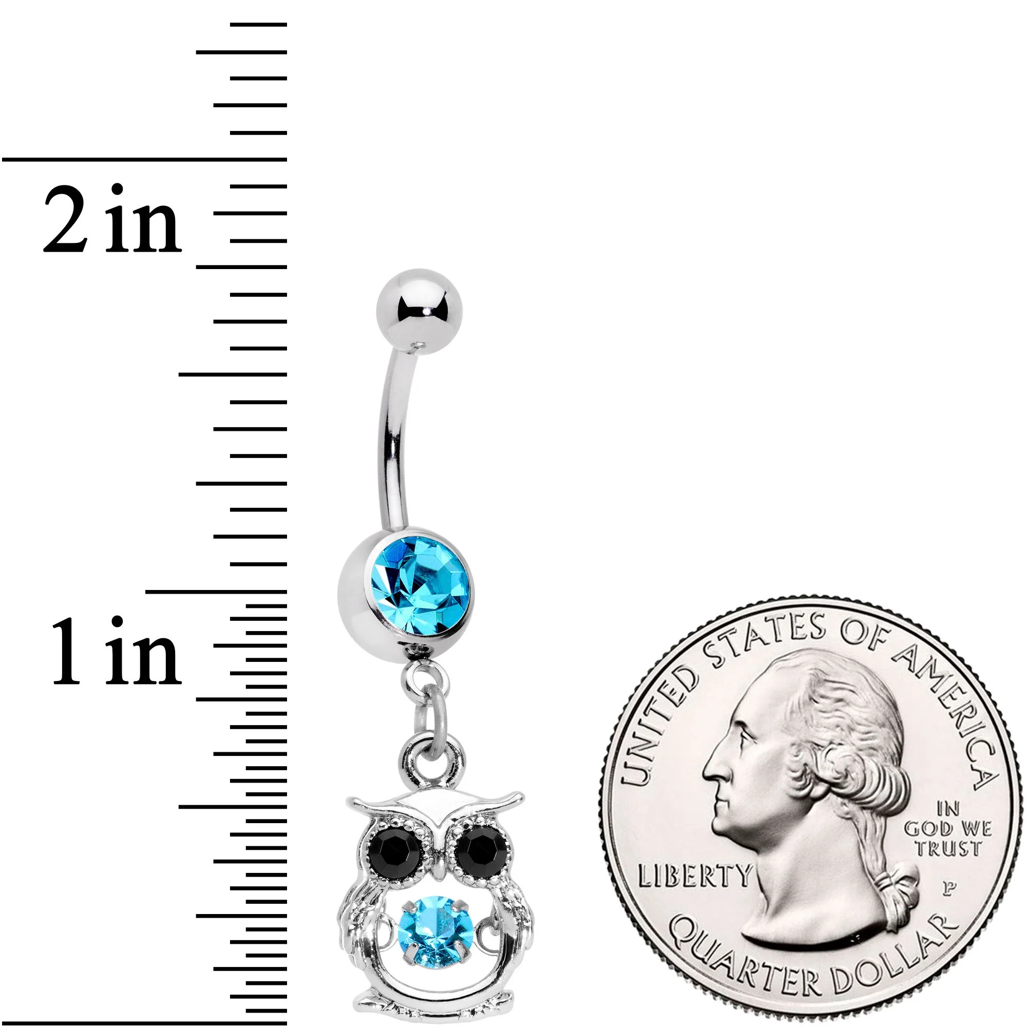 Black Aqua CZ Gem It's A Hoot Owl Dangle Belly Ring - Image 3