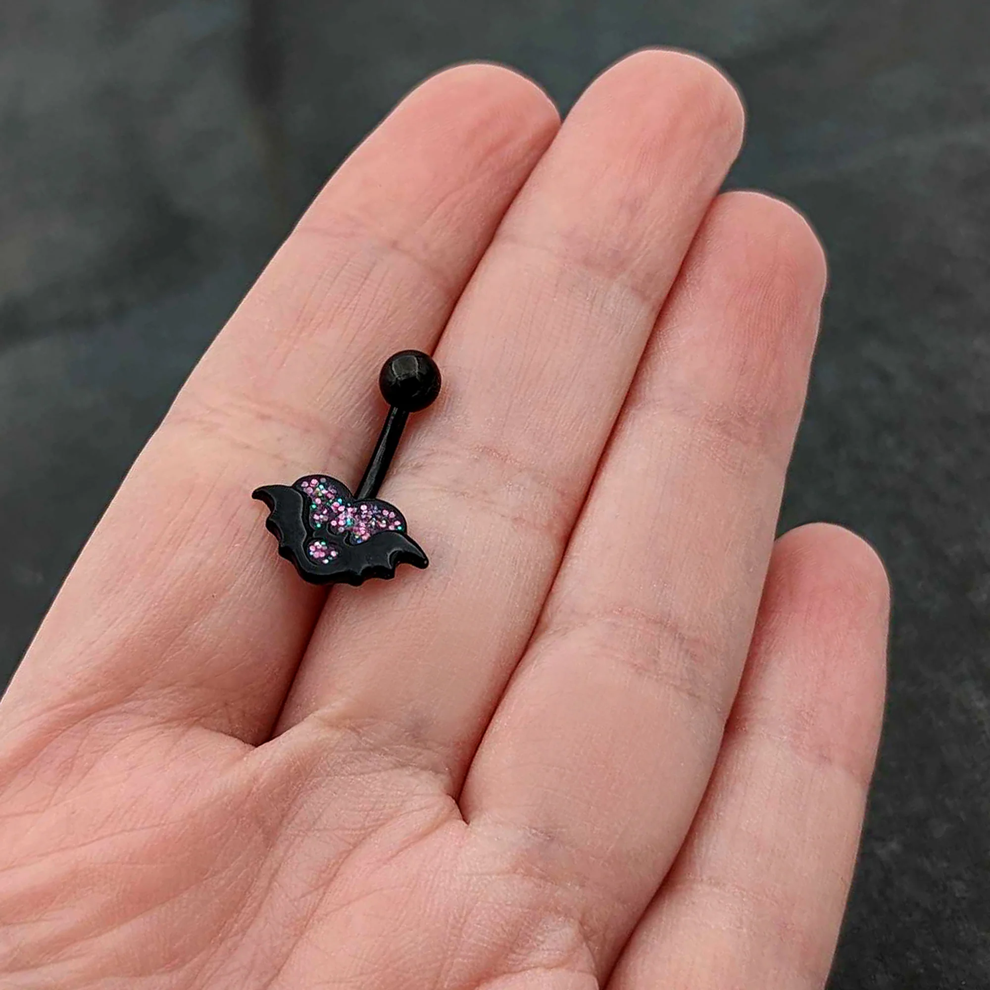 Black Bat Heart Halloween Pink Green Belly Ring - Image 6