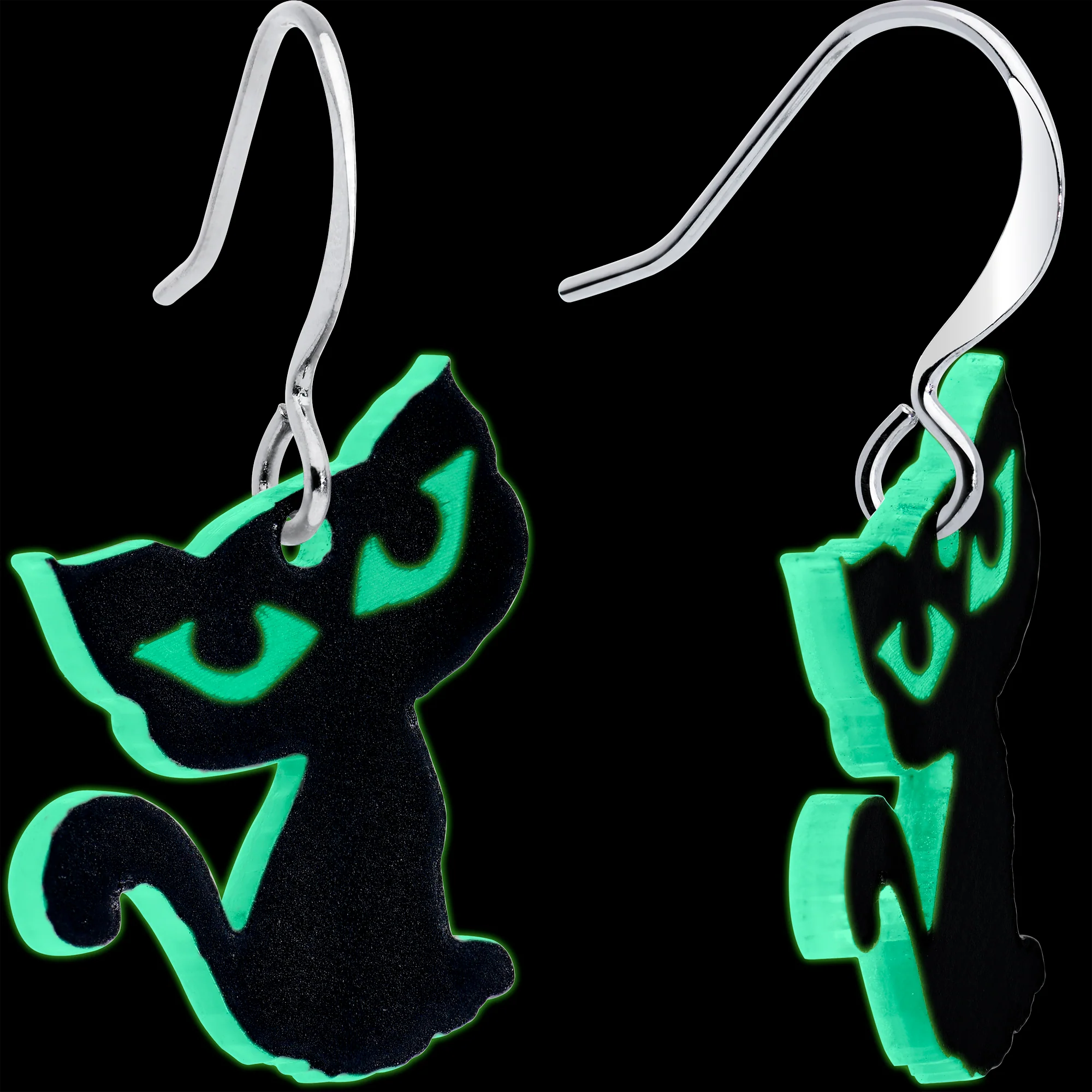 Black Cat Glow in the Dark Fishhook Dangle Earrings - Image 2