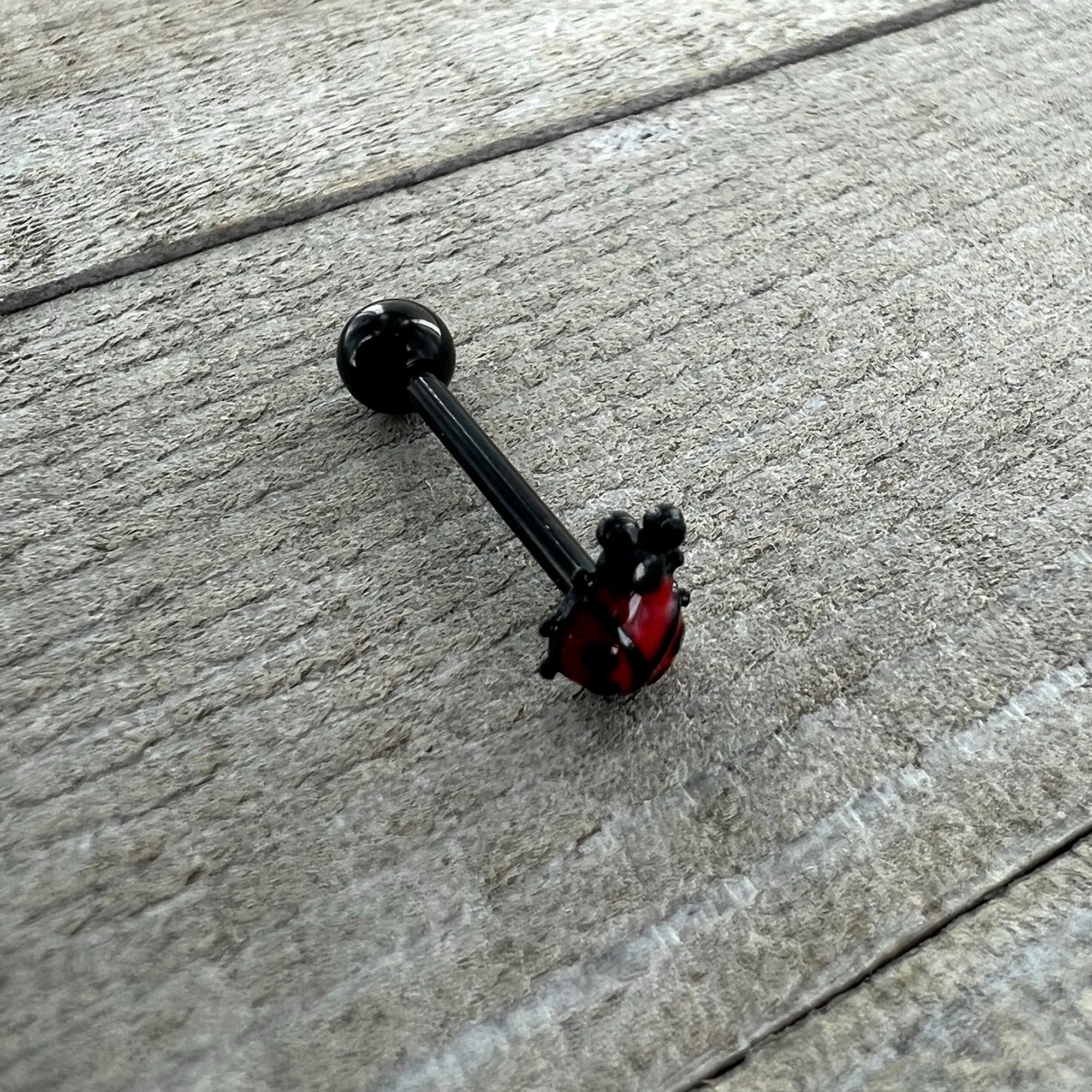 Black Classic Ladybug Top End Barbell Tongue Ring - Image 7