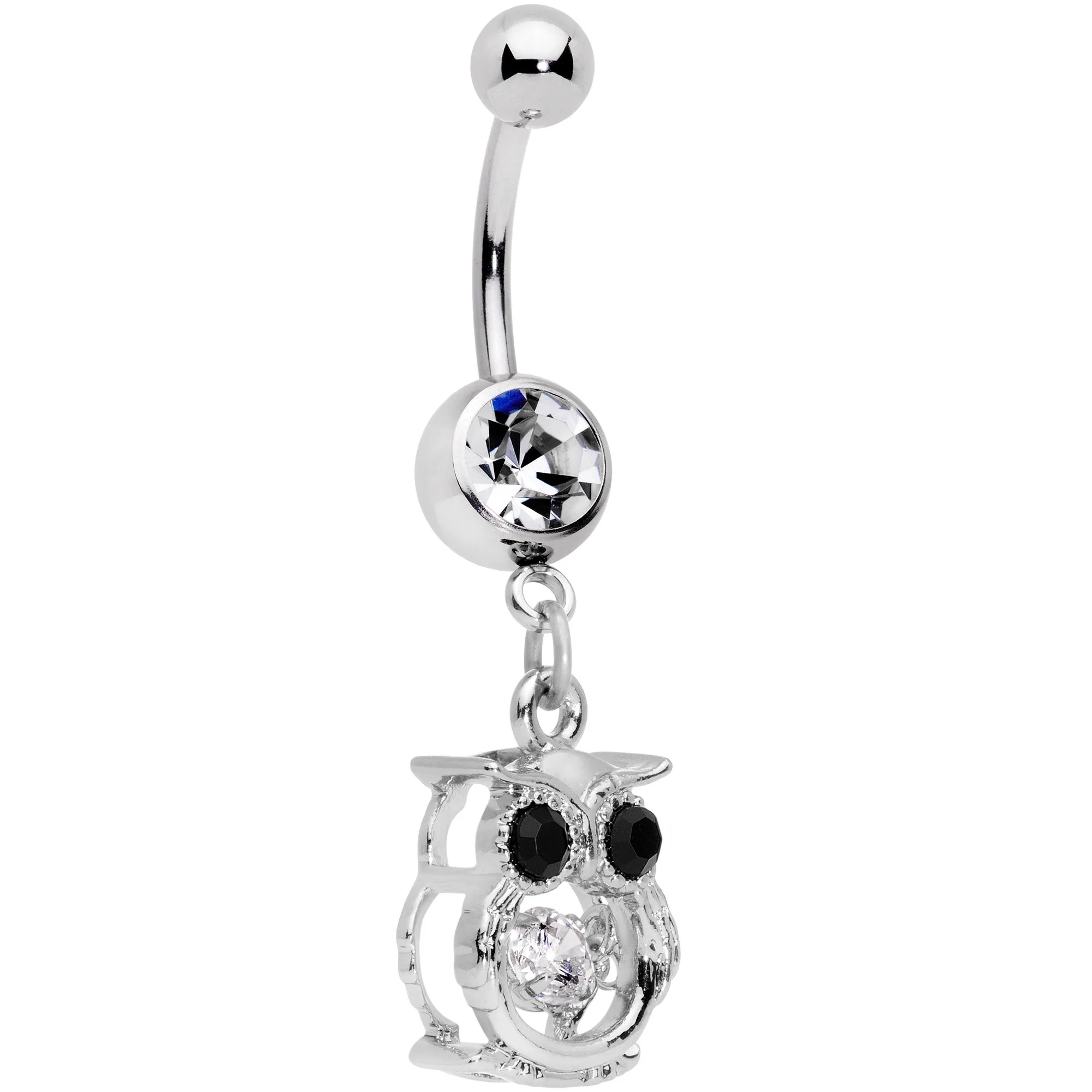 Black Clear CZ Gem It's A Hoot Owl Dangle Belly Ring - Image 2