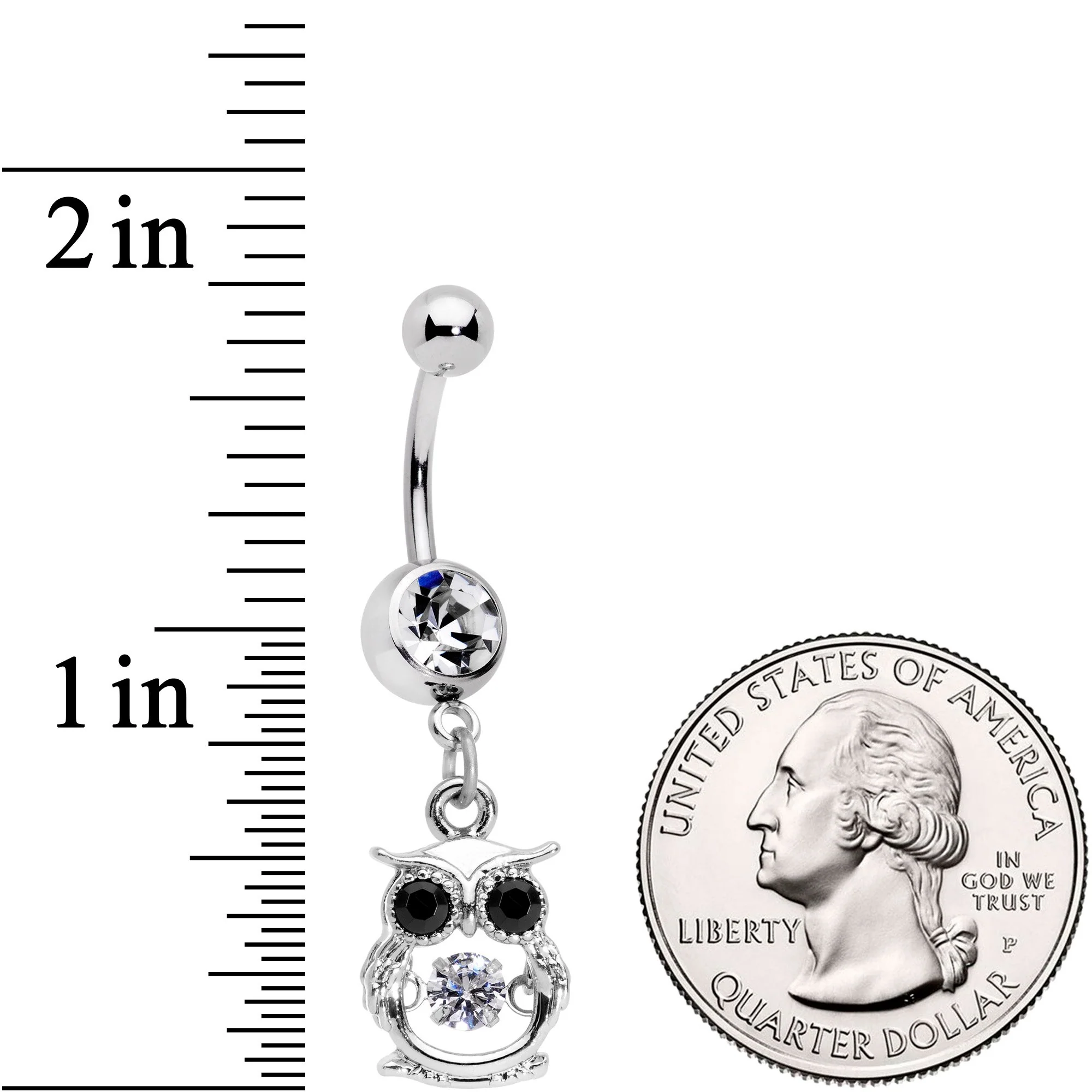 Black Clear CZ Gem It's A Hoot Owl Dangle Belly Ring - Image 3