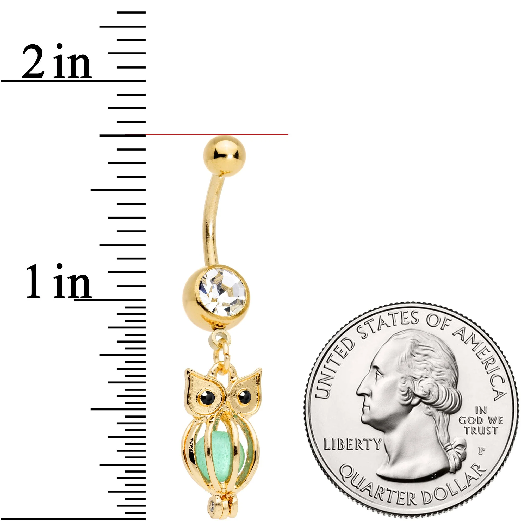 Black Clear Gem Gold Tone Glow in the Dark Owl Dangle Belly Ring - Image 3