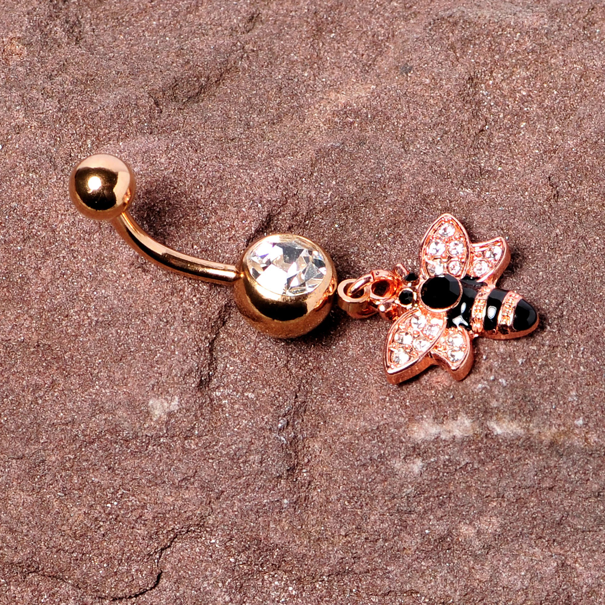 Black Clear Gem Rose Gold Tone Bee Dangle Belly Ring - Image 6