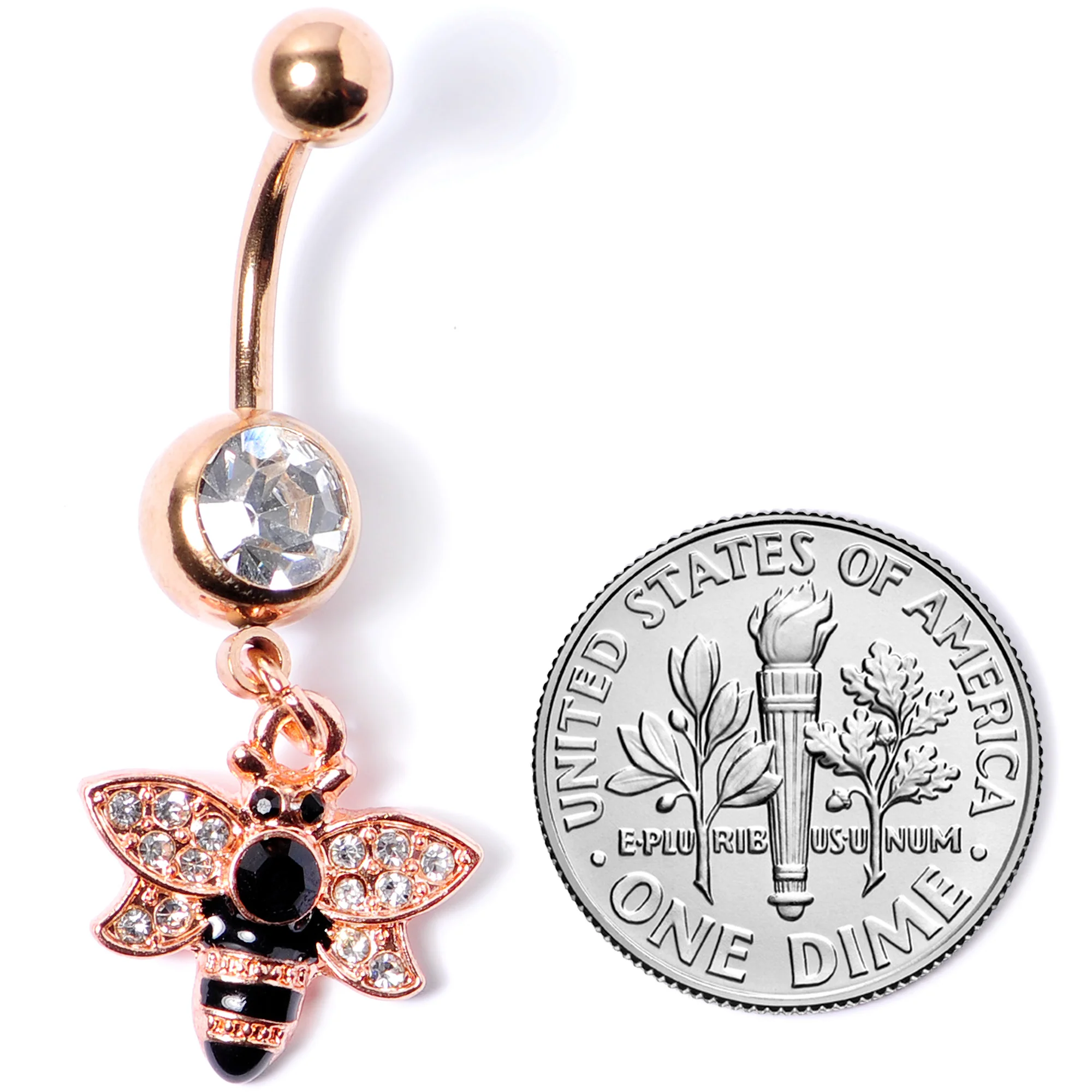 Black Clear Gem Rose Gold Tone Bee Dangle Belly Ring - Image 8