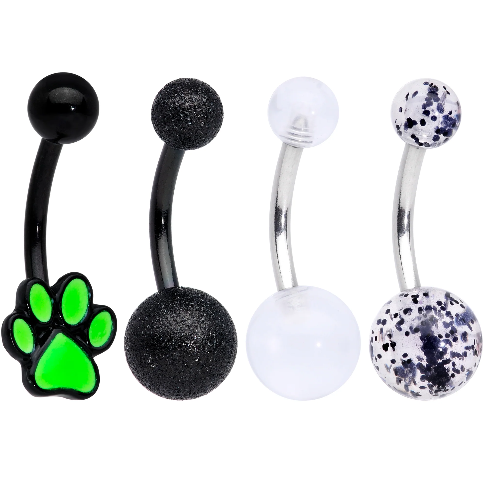 Black Clear Glitter Glow UV Glow Paw Belly Ring Set of 4 - Image 3