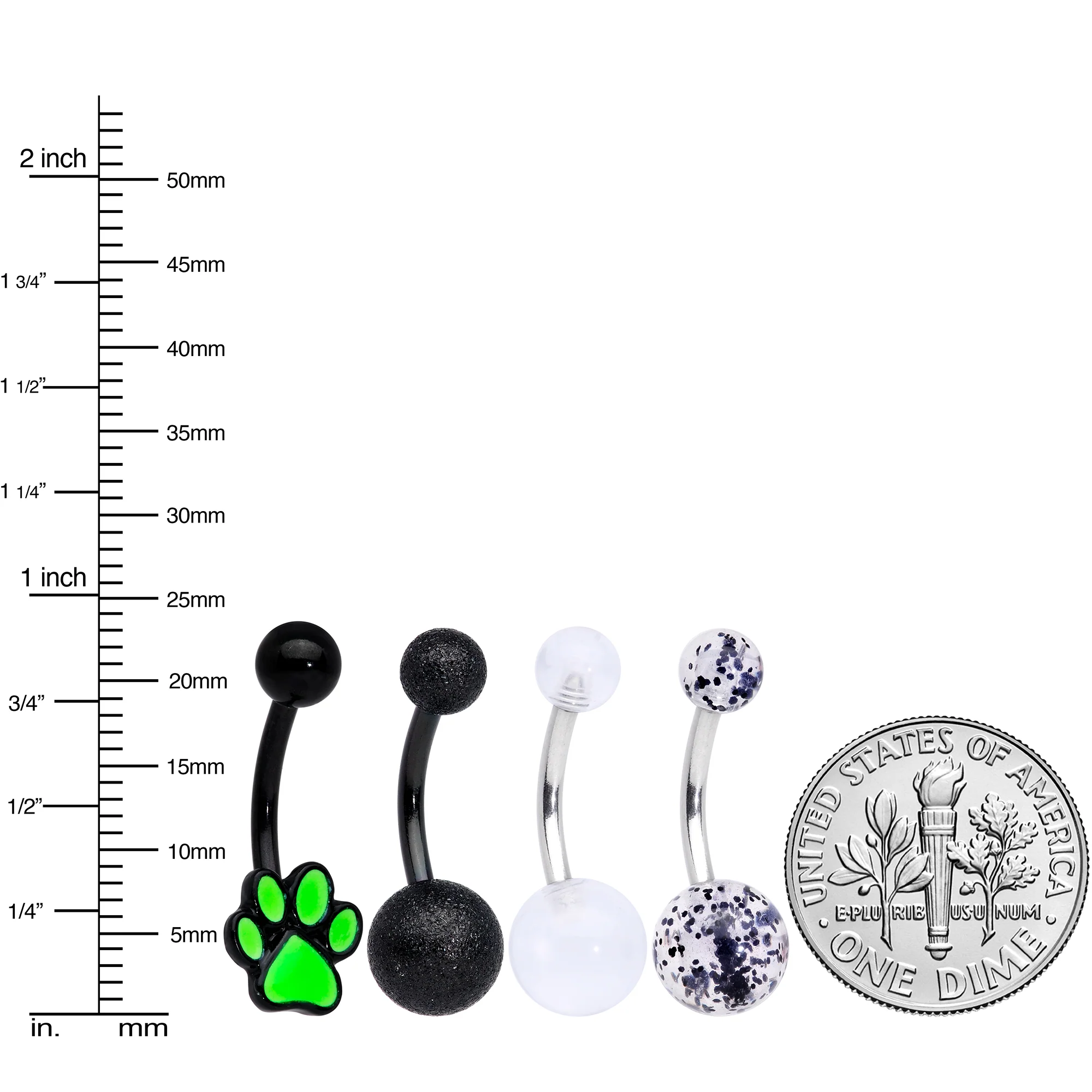Black Clear Glitter Glow UV Glow Paw Belly Ring Set of 4 - Image 4