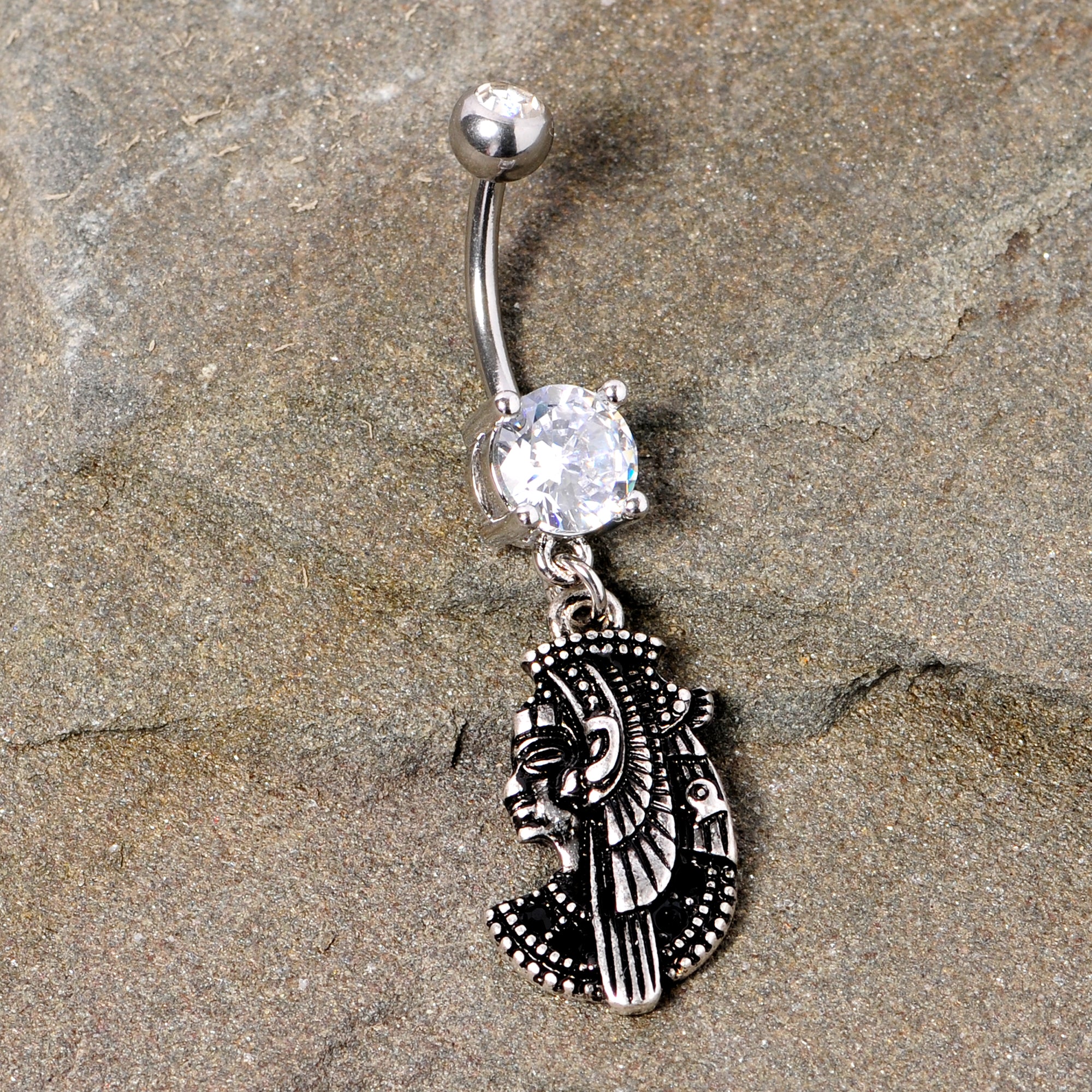 Black CZ Gem Anubis Egyptian Dangle Belly Ring - Image 6