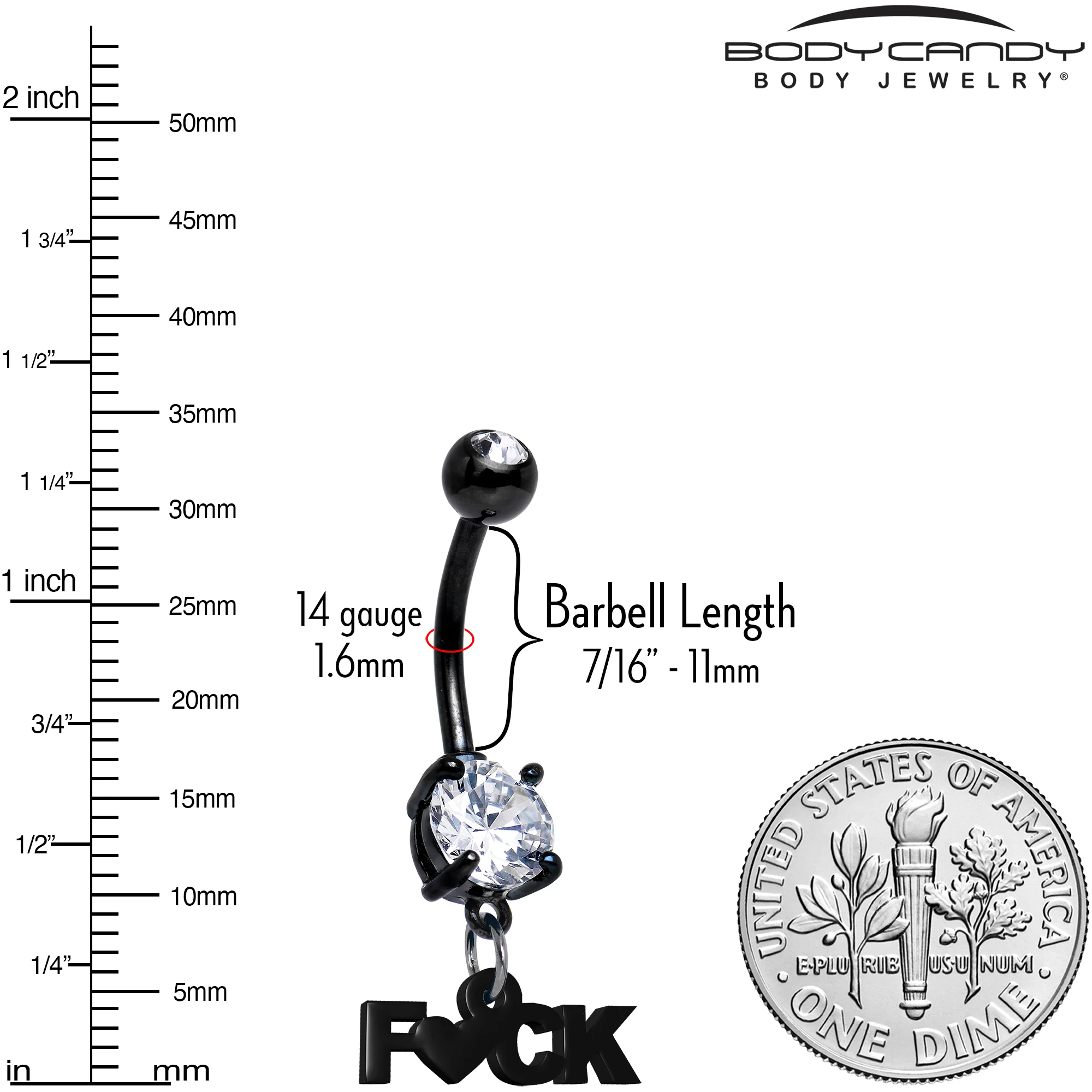 Black Double Gem F*CK Heart Dangle Belly Ring - Image 2