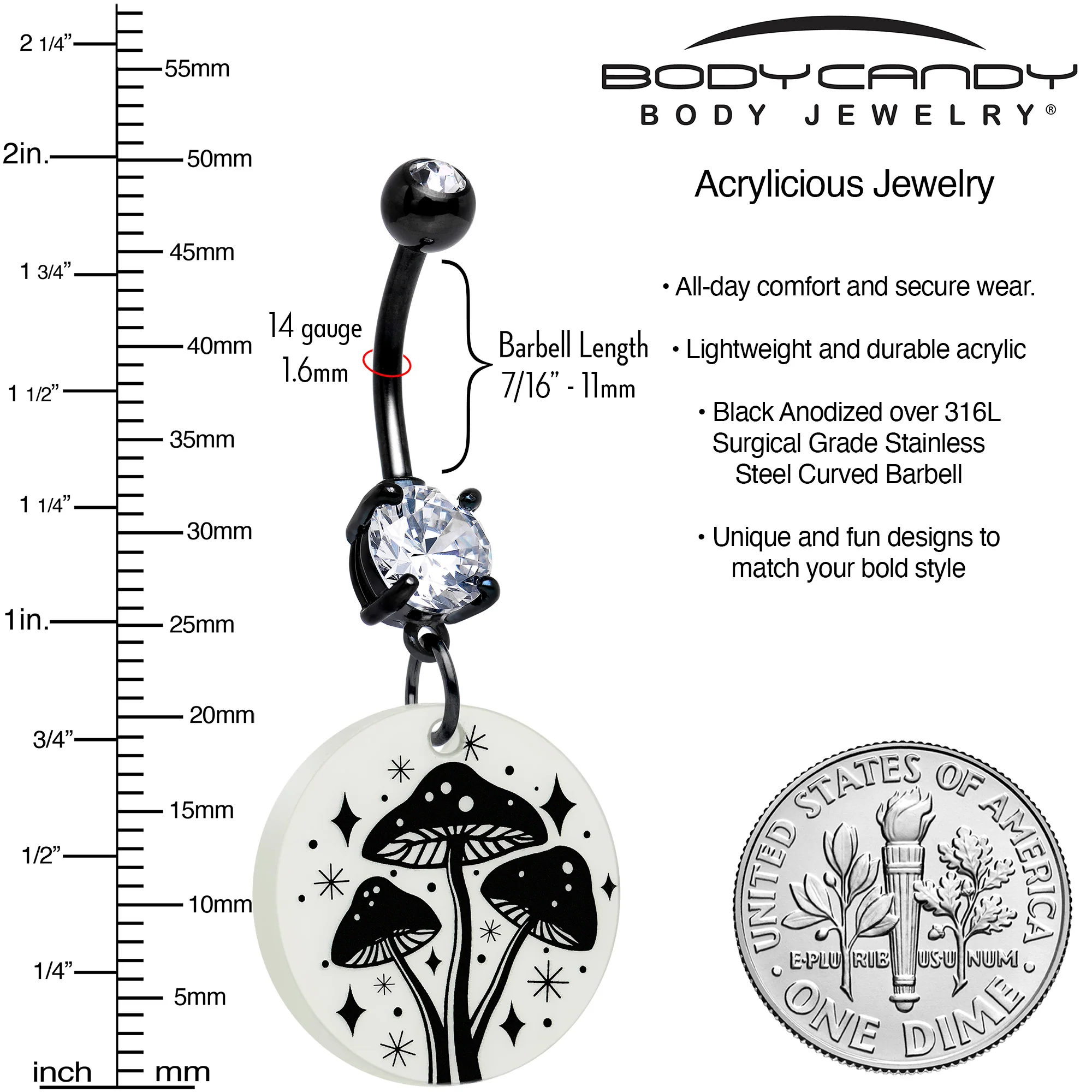 Black Double Gem Glow in the Dark Mystic Mushroom Dangle Belly Ring by Onyx O - Image 3