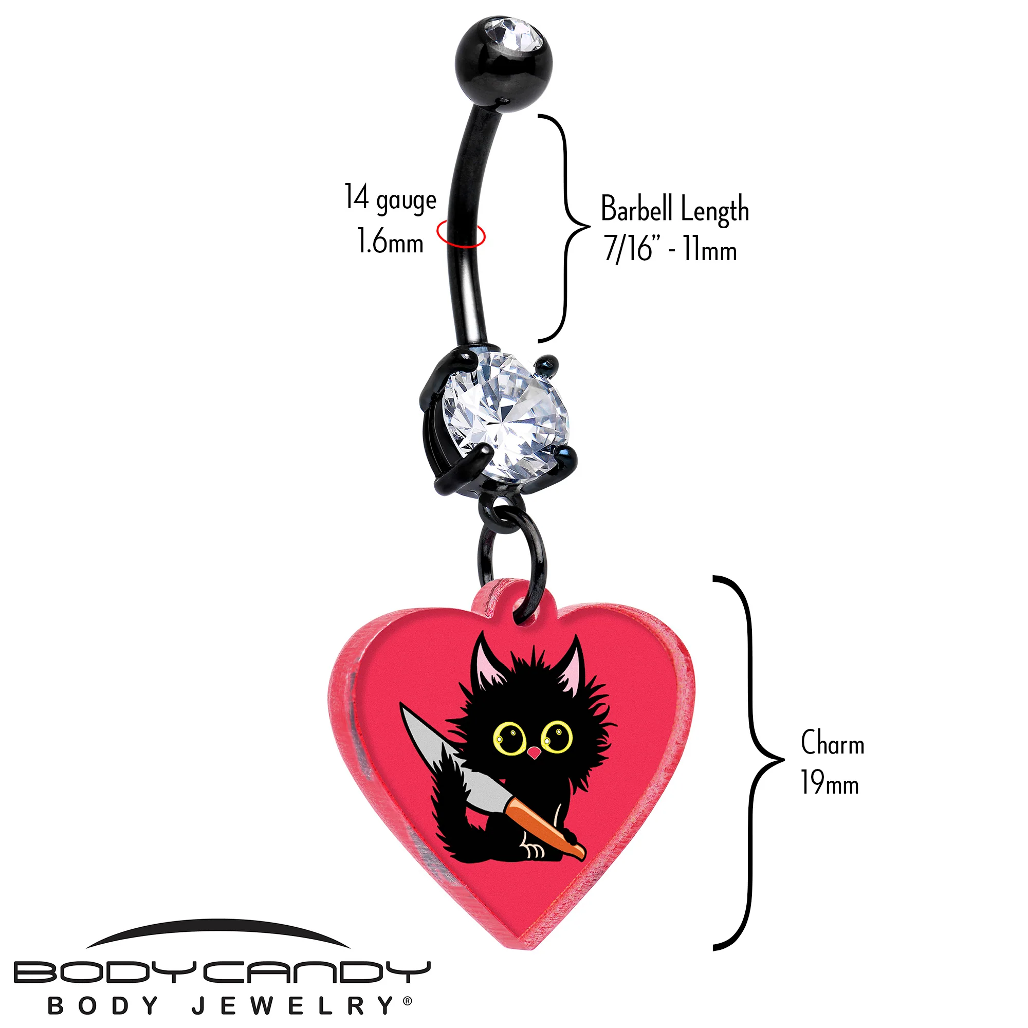 Black Double Gem Heart Staby Cat Dangle Belly Ring by Onyx O - Image 2