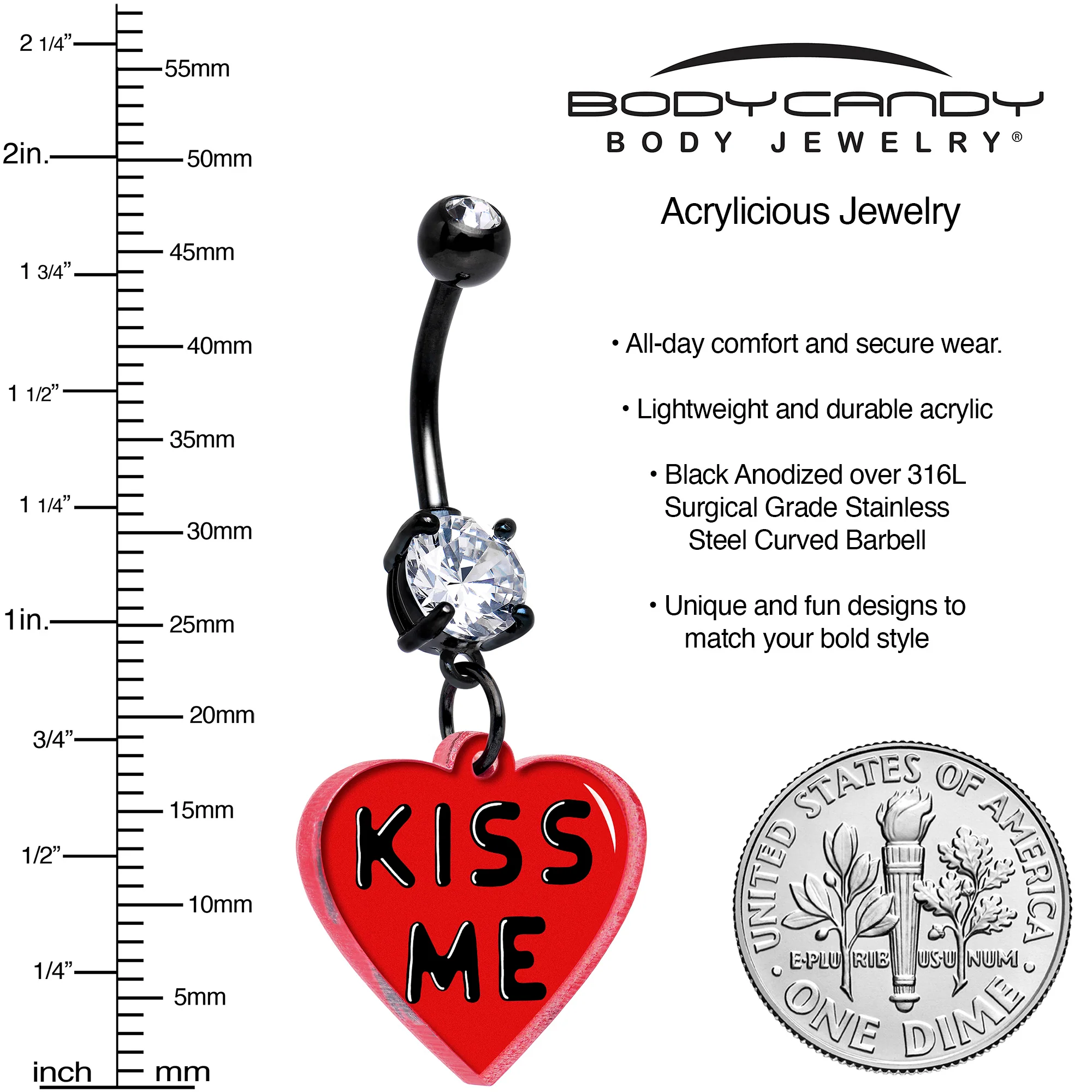 Black Double Gem Kiss Me Heart Dangle Belly Ring by Onyx O - Image 3