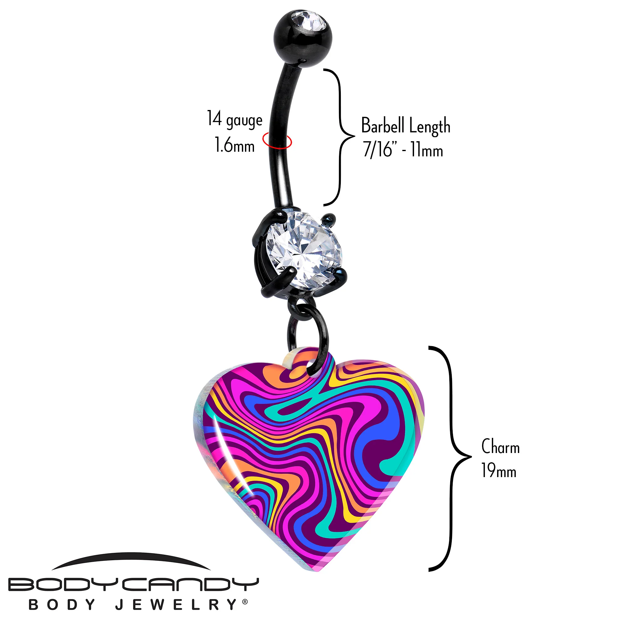 Black Double Gem Swirling Heart Dangle Belly Ring by Onyx O - Image 2