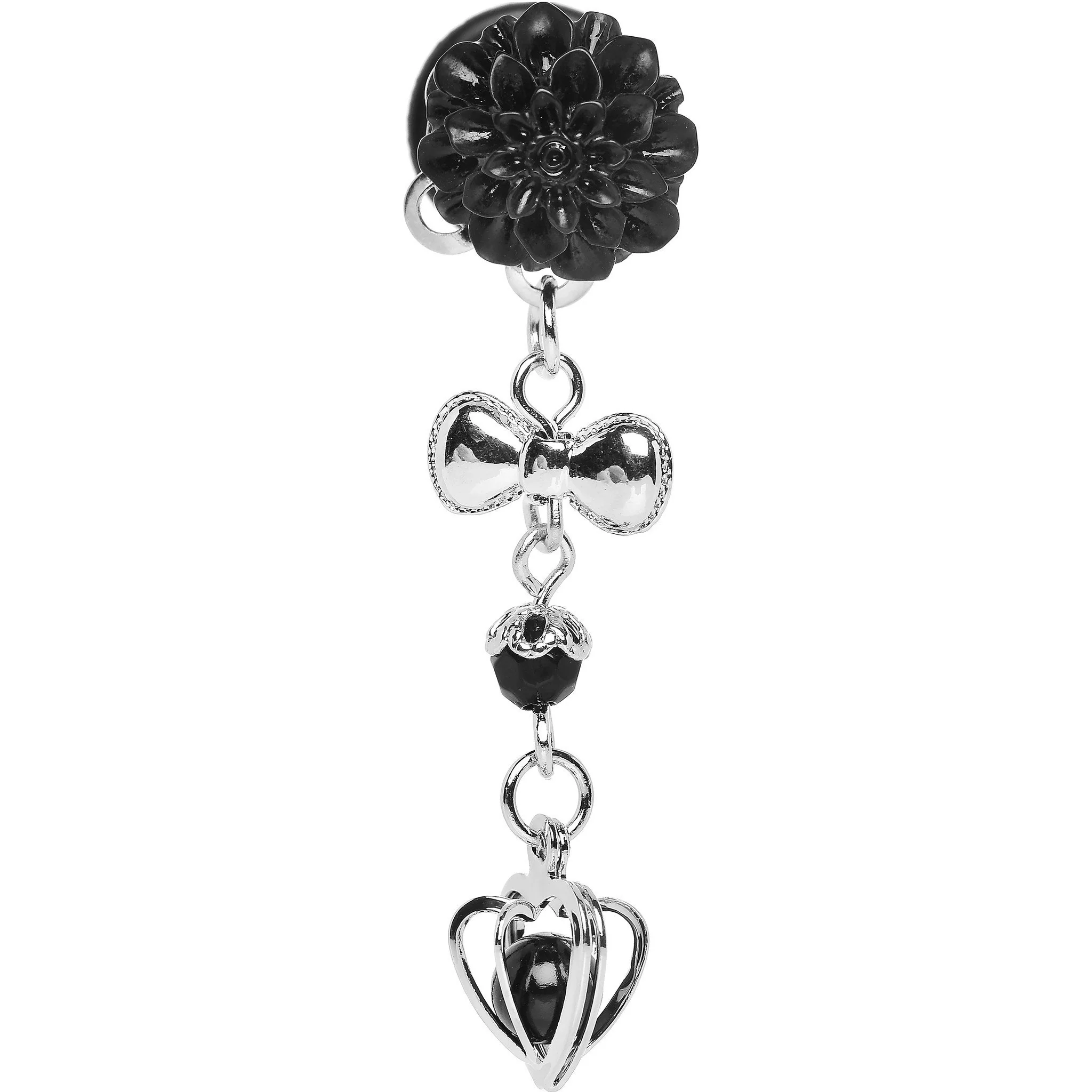 0G Black Flower Heart to Heart Dangle Plug Sizes 5mm to 12mm - Image 2