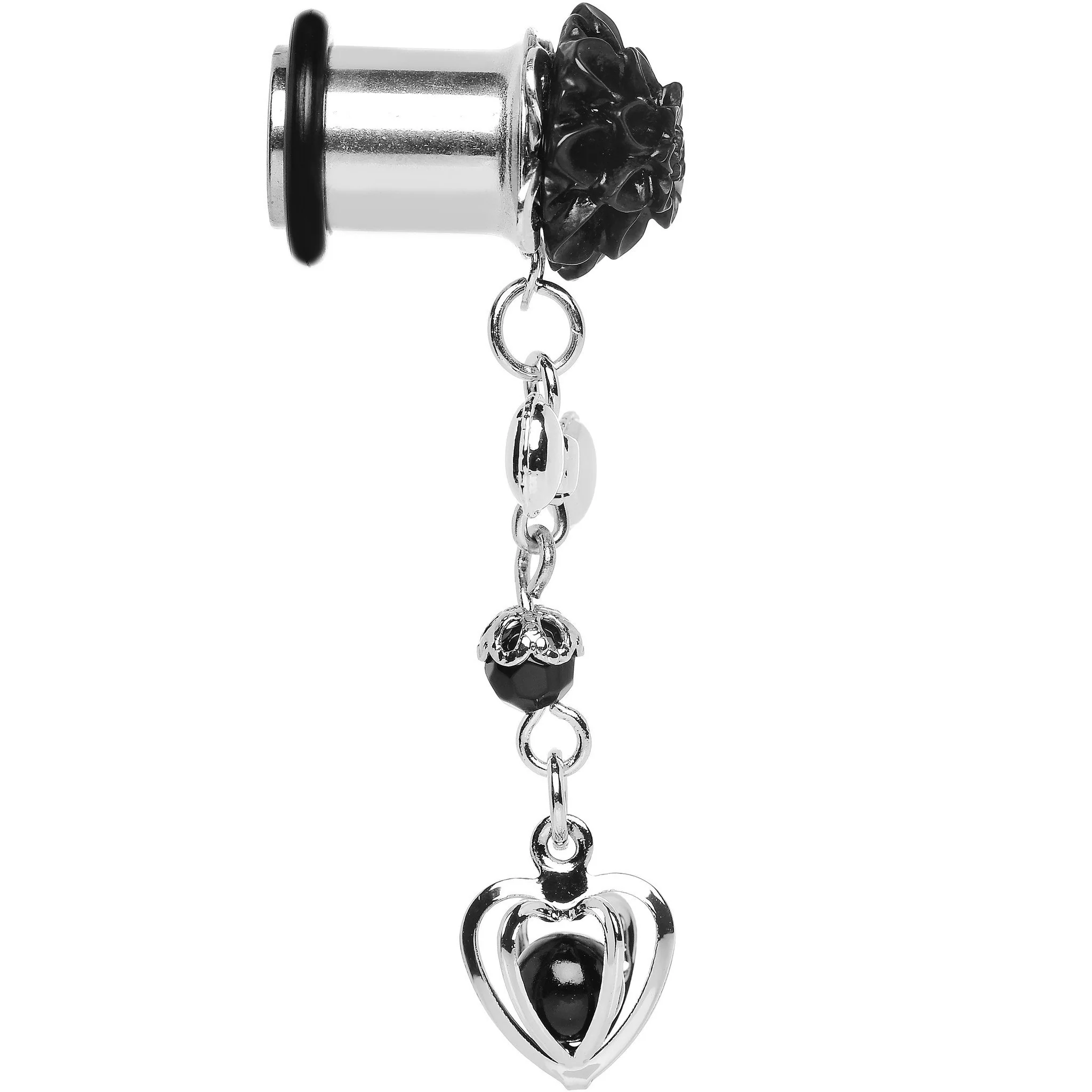 0G Black Flower Heart to Heart Dangle Plug Sizes 5mm to 12mm - Image 3
