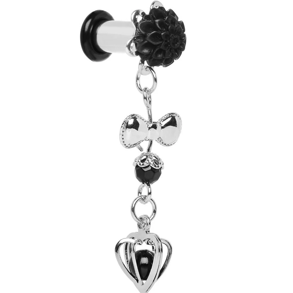 0G Black Flower Heart to Heart Dangle Plug Sizes 5mm to 12mm - Image 5