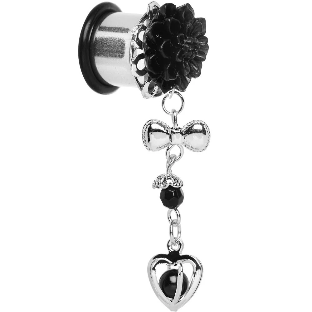 0G Black Flower Heart to Heart Dangle Plug Sizes 5mm to 12mm - Image 7