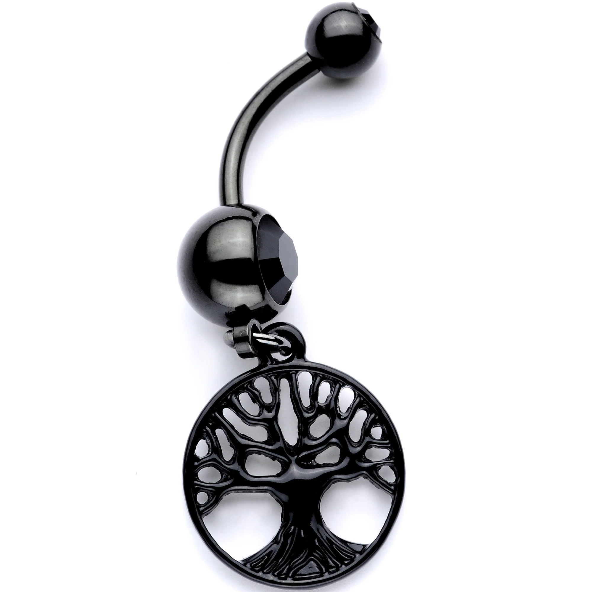 Black Gem Black Anodized Tree of Life Charm Dangle Belly Ring - Image 2