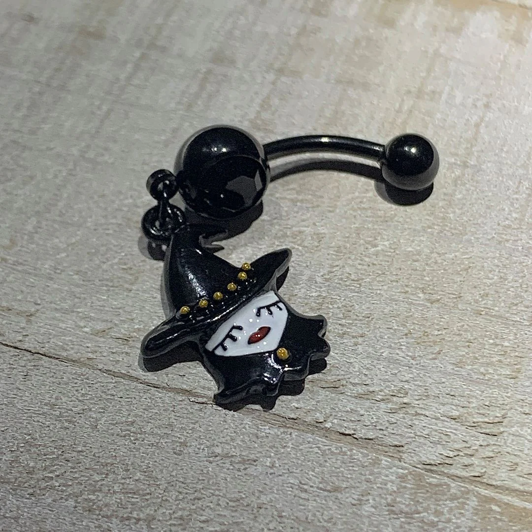 Black Gem Black Pretty Goth Witch Halloween Dangle Belly Ring - Image 2