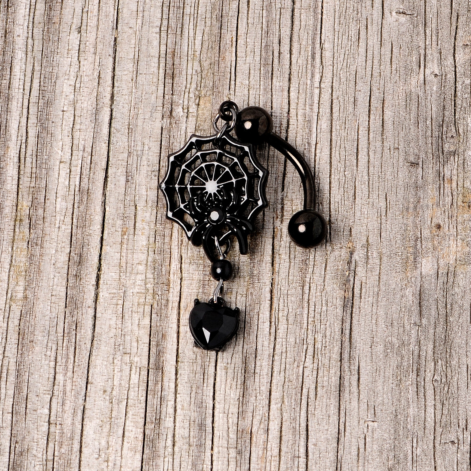 Black Gem Black Spiderweb Halloween Reversible Dangle Belly Ring - Image 5