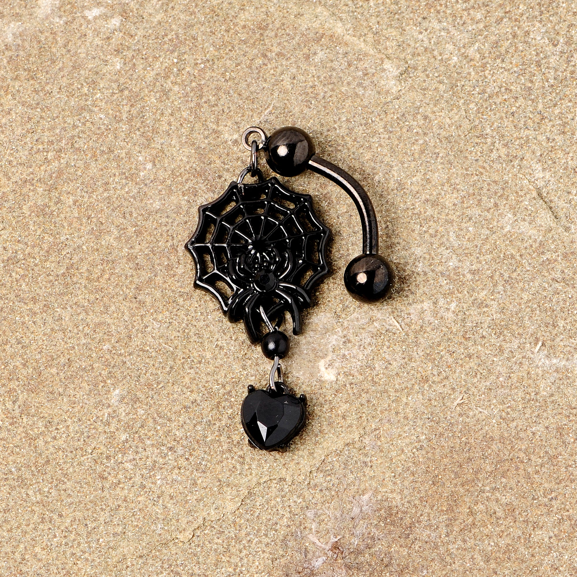 Black Gem Black Spiderweb Halloween Reversible Dangle Belly Ring - Image 6