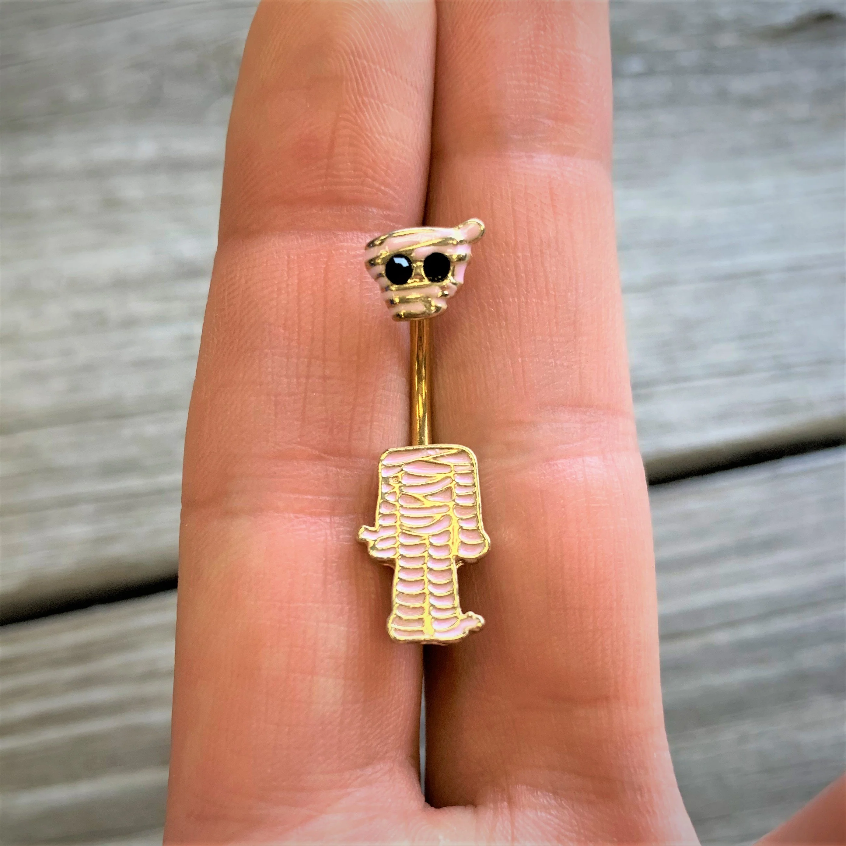Black Gem Gold Tone Mummy Halloween Double Mount Belly Ring - Image 2