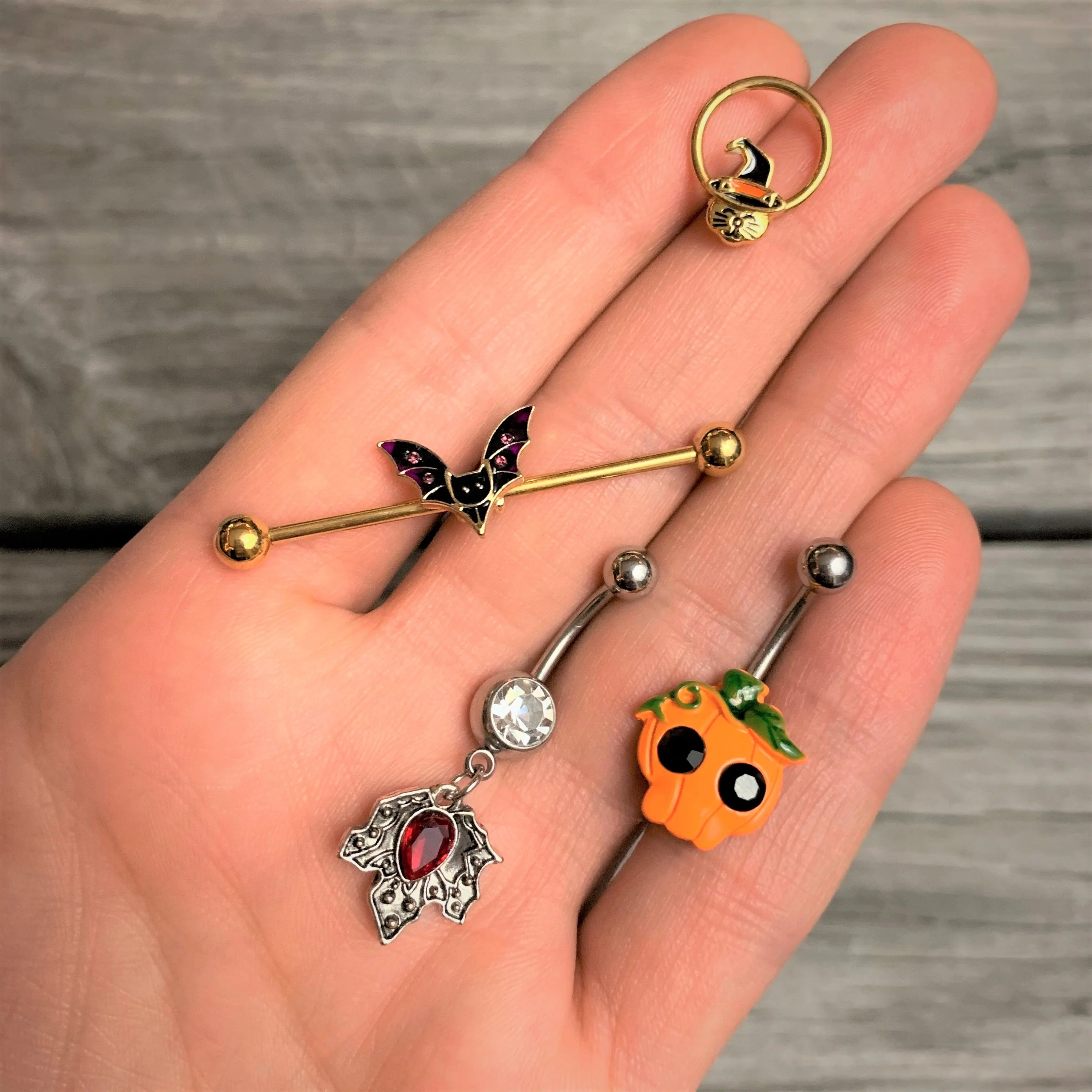 Black Gem Orange Pumpkin Jack O Lantern Halloween Belly Ring - Image 3