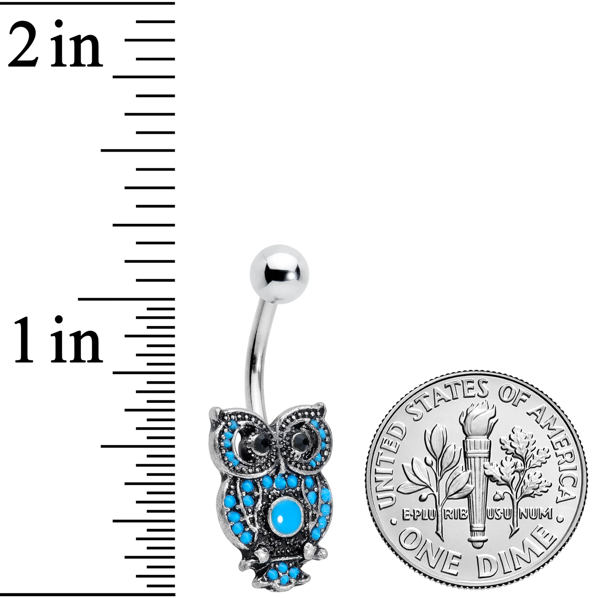 Black Gem Ornate Blue Orb Owl Belly Ring - Image 2