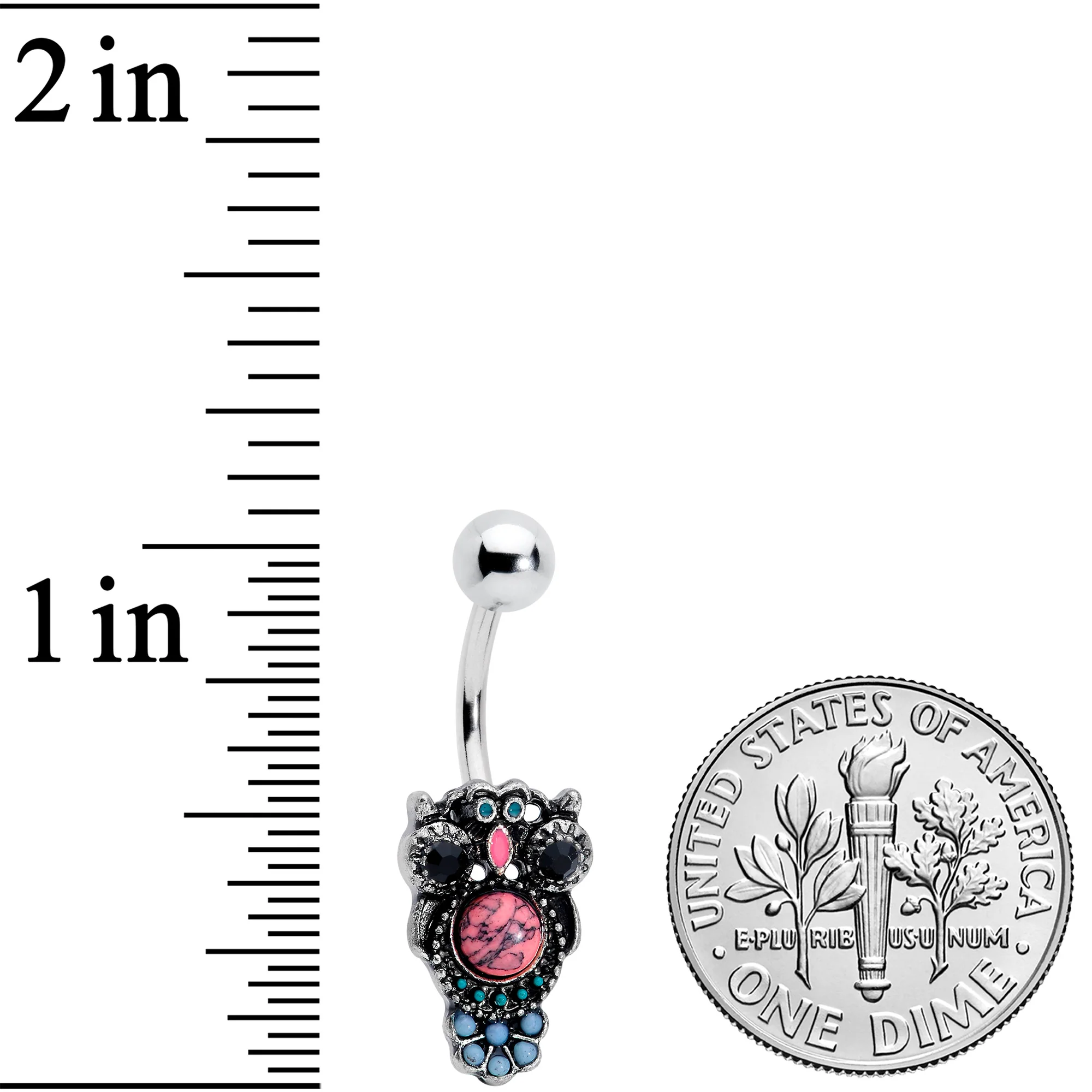 Black Gem Pink Orb Owl Belly Ring - Image 2