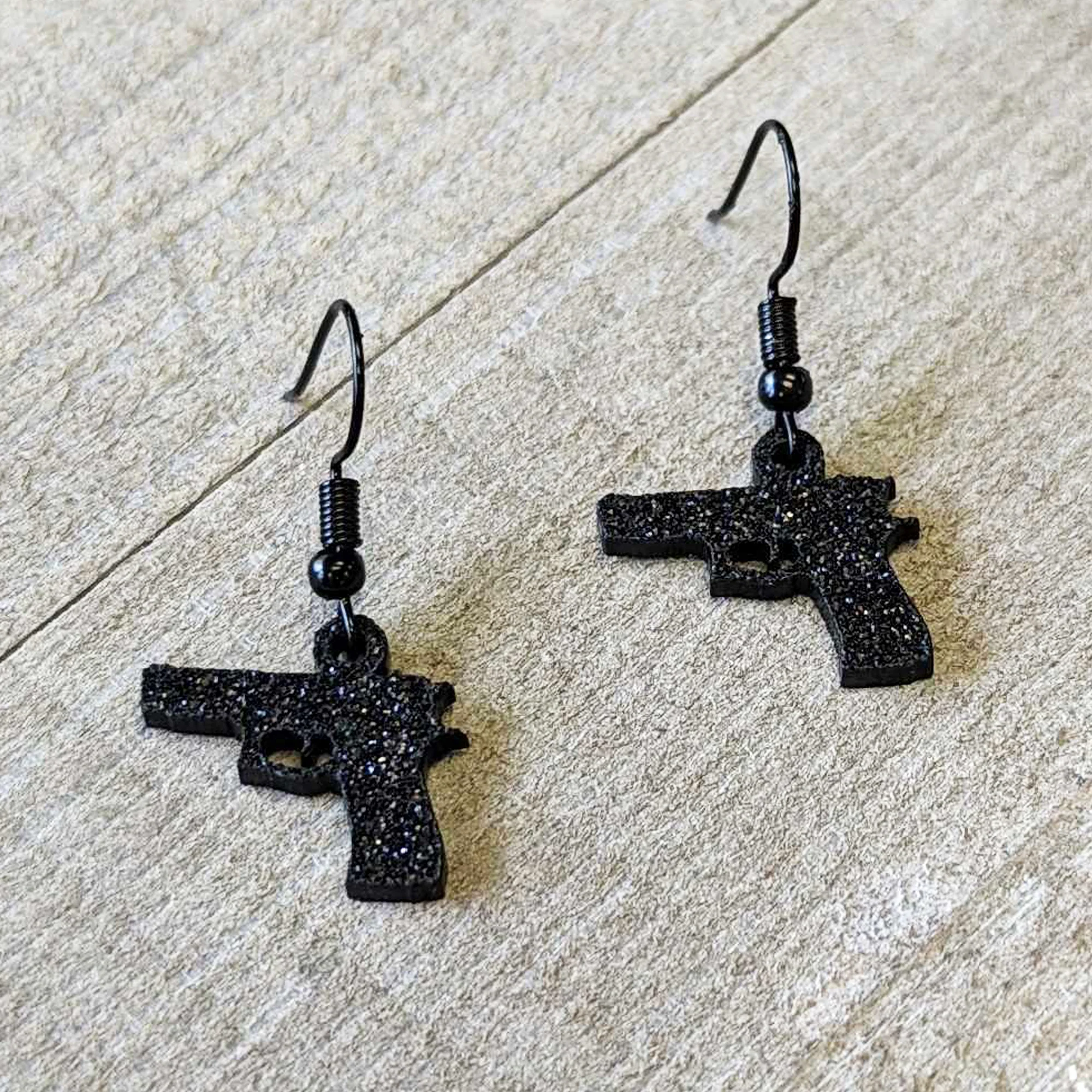 Black Glitter Gun Fishhook Dangle Earrings - Image 3