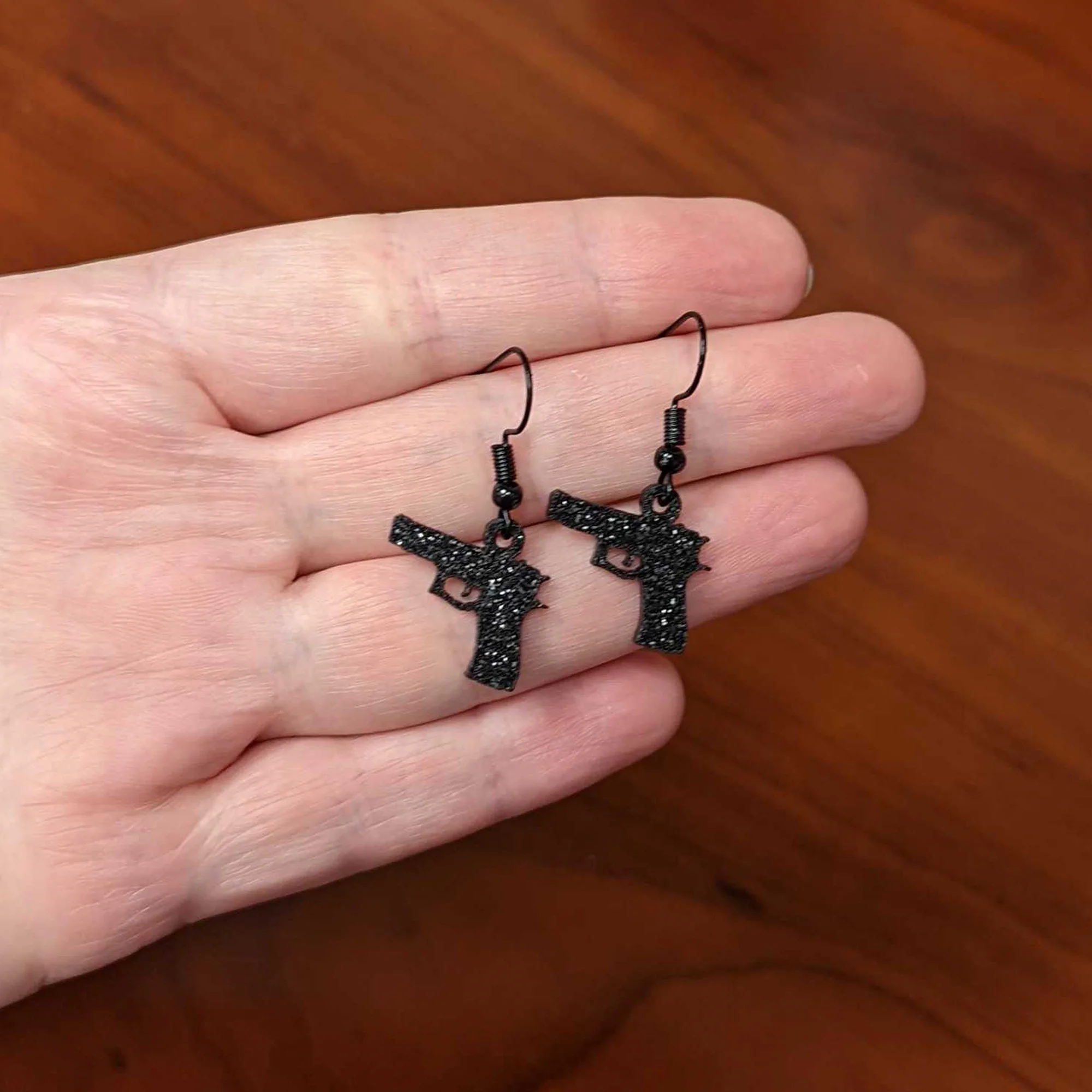 Black Glitter Gun Fishhook Dangle Earrings - Image 4