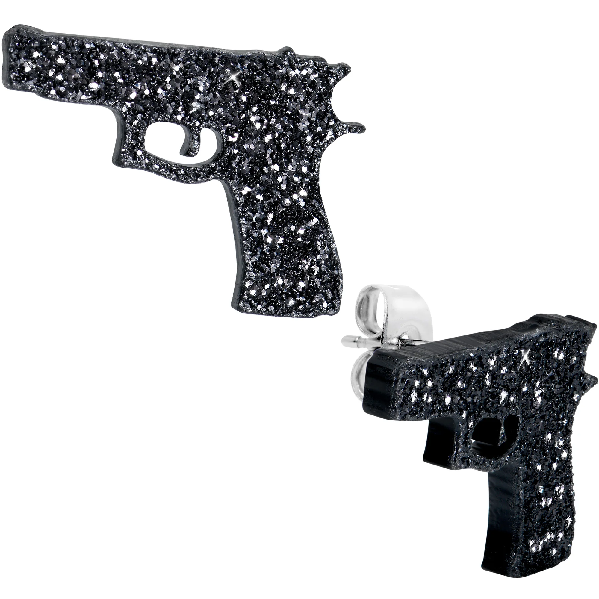 Black Glitter Gun Stud Earrings Set - Image 2