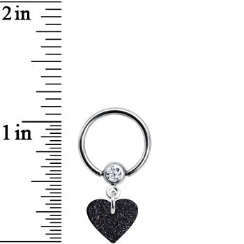 14G 1/2 Clear Gem Black Glitter Heart Dangle BCR Captive Ring - Image 2