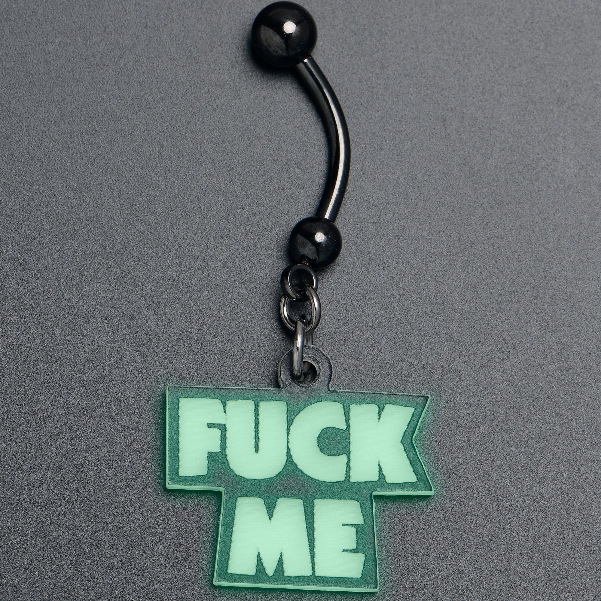 Black Glow in the Dark F*ck Me Dangle Belly Ring - Image 2