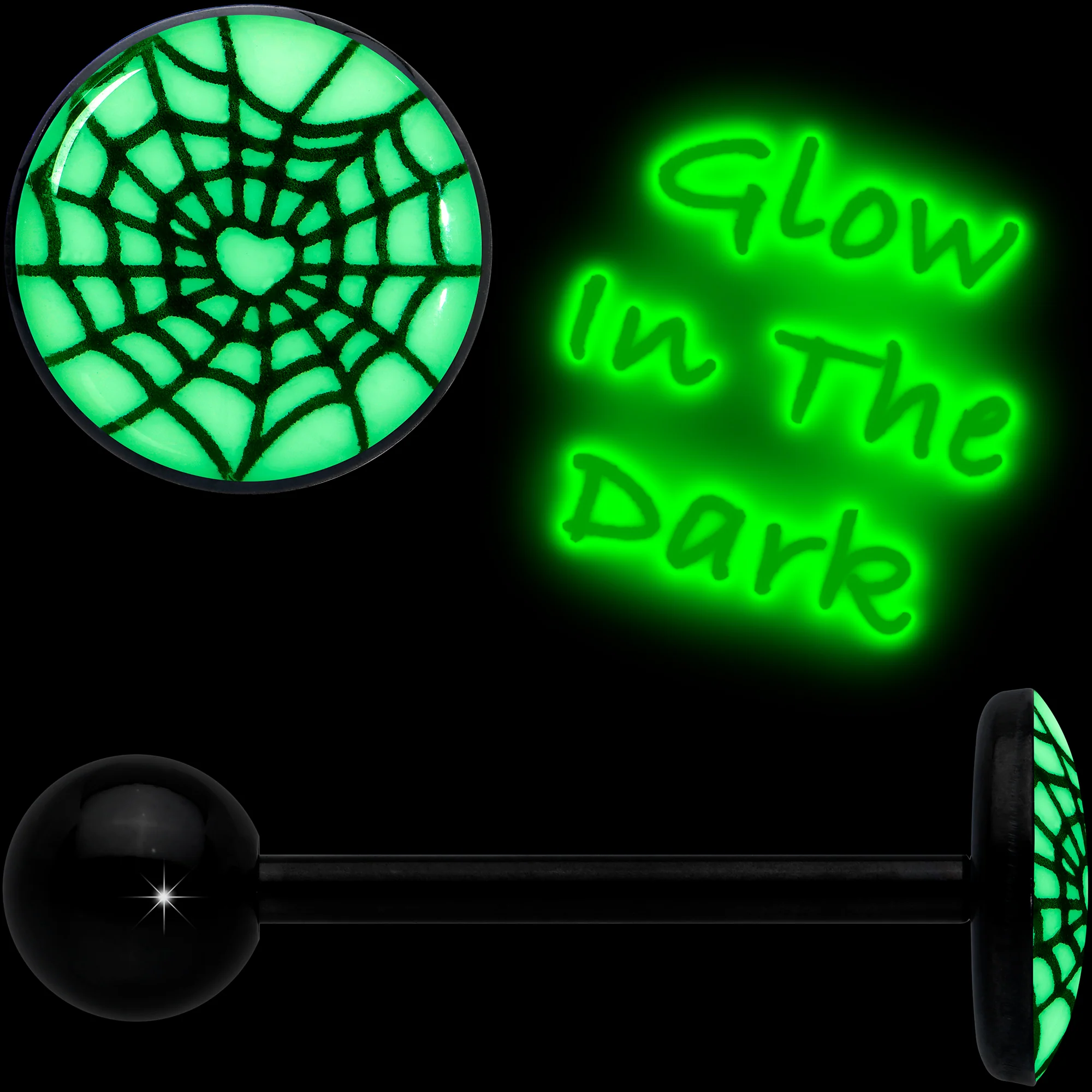 Black Glow in the Dark Heart Spider Web Barbell Tongue Ring by Onyx O - Image 2